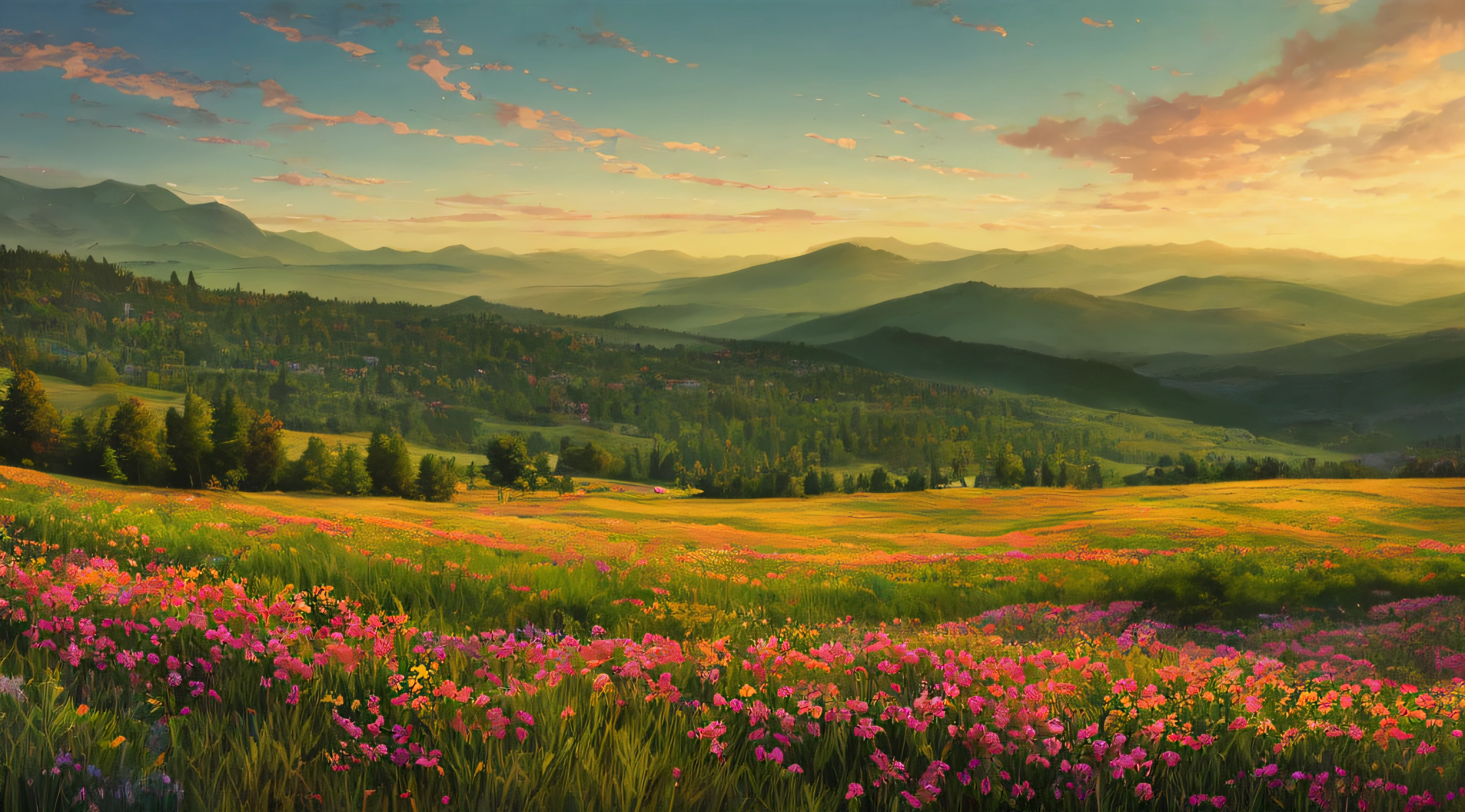 breathtaking view of mountains, forests, sunset, meadows, flowers, bushes, trees, mesmerizing colorful, bright colors, pink and orange hues, detailed matte painting, oil on canvas, oil painting, oil painting by James Gurney, epic, stunning, a masterpiece, 32K resolution, wallpaper, best quality. ultra quality, hyper detailed, smooth