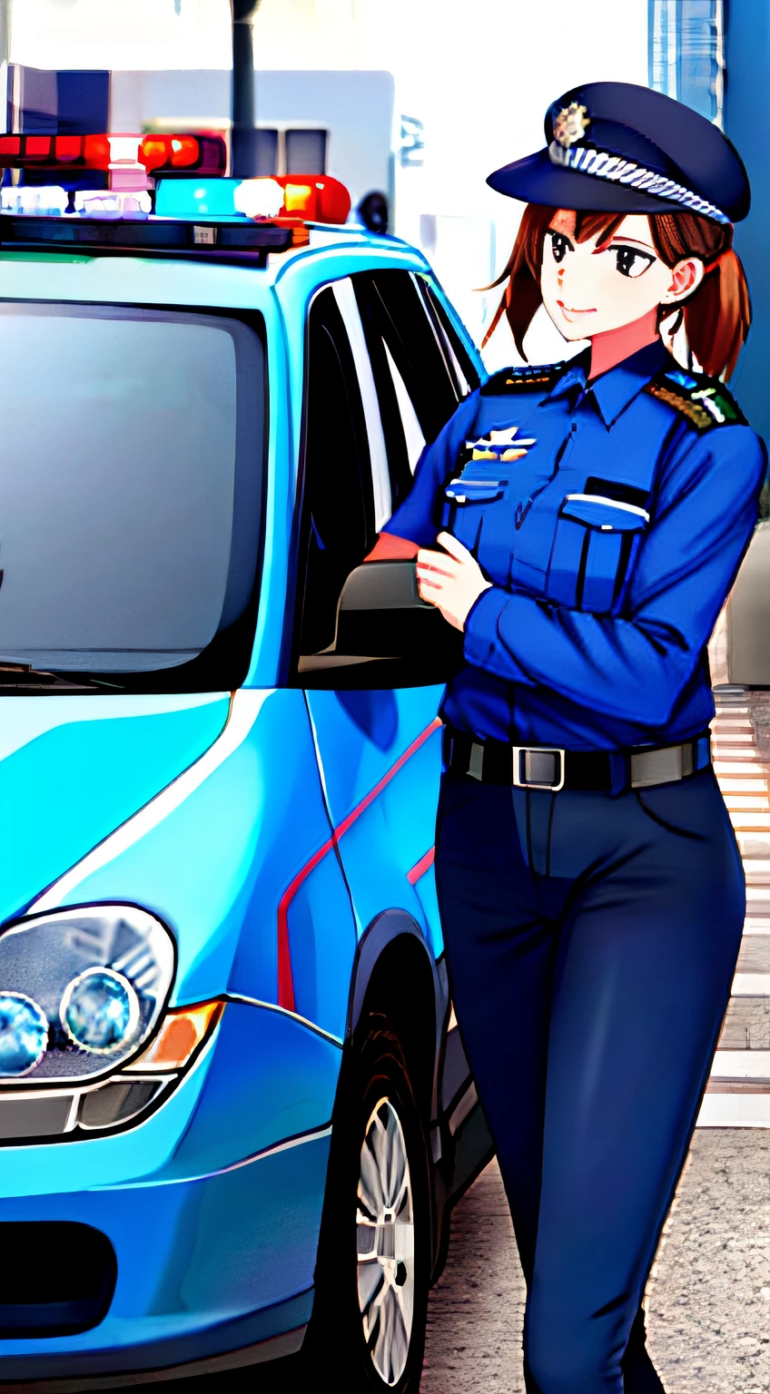 A woman wears(police uniforms)Getting off(police cars)
