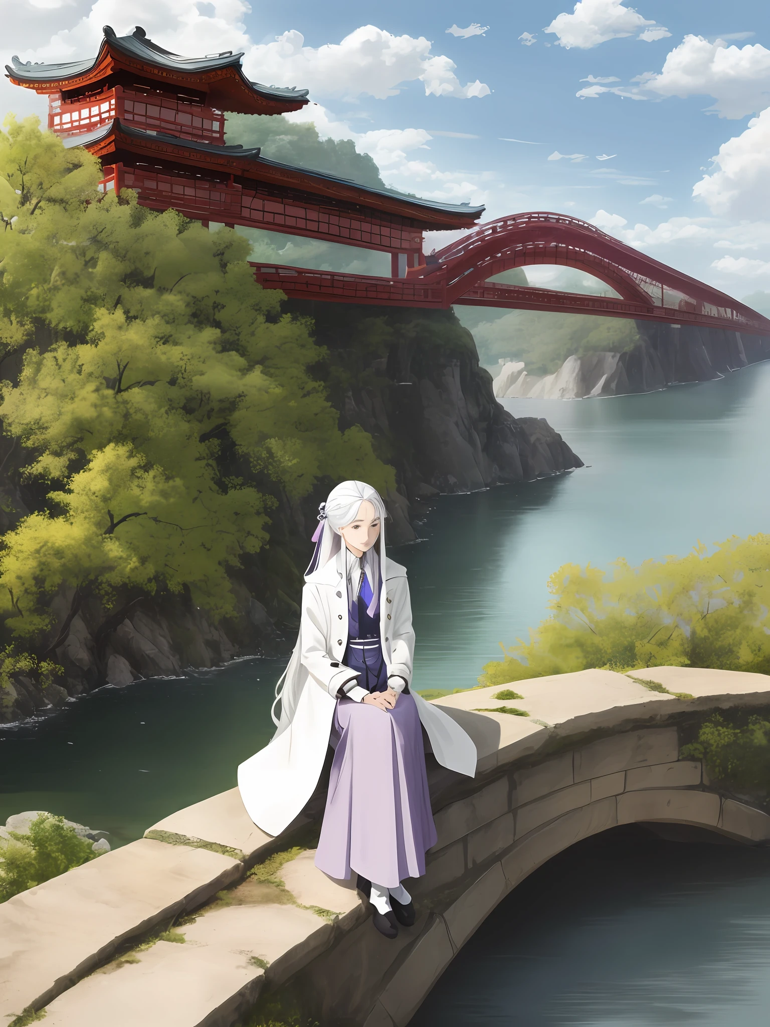 Long flowing hair,The hair is silvery-white and blue-purple-pink,There was love and worry in his eyes,Wearing white booties,White trench coat,Hair cascades naturally down the body,Only tie some hair at the end of the head with a ribbon butterfly,The lower lip is thicker than the upper lip,The bridge of the nose is high,A combination of Chinese style and European style
Stand on a cliff,Side face to the sky,The sky was blue with a few white clouds,With that queenly temperament,But just temperament