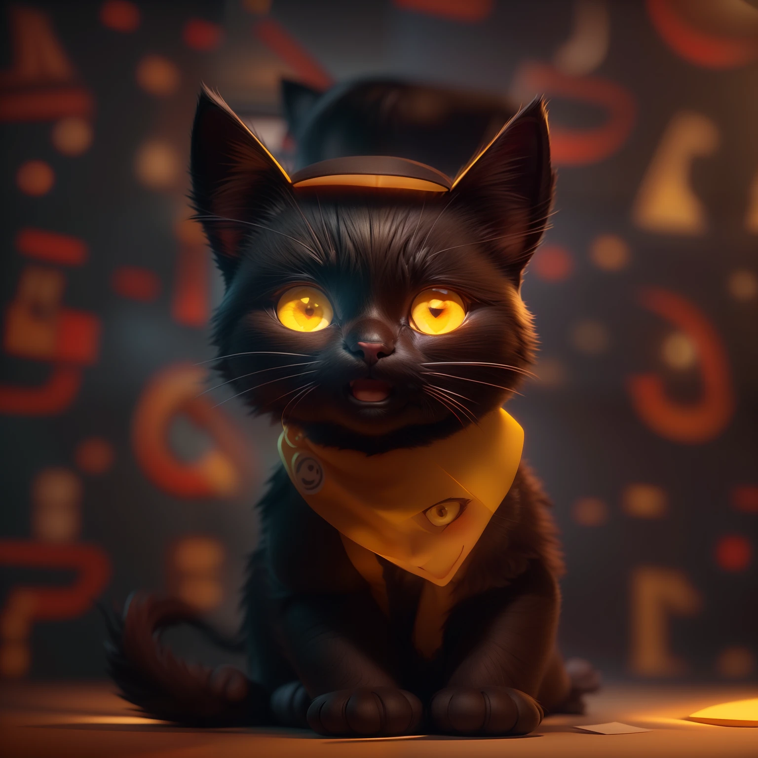 Movie Angle,( Cute black cat,yellow-eyed,Red bib,Anatomically correct,full bodyesbian,Masterpiece interior,Smile),(illustration,paper art,a 3D render),(Extremely colorful, Best quality, high detal, Masterpiece,  Cinematic lighting, 4K, Chiaroscuro)