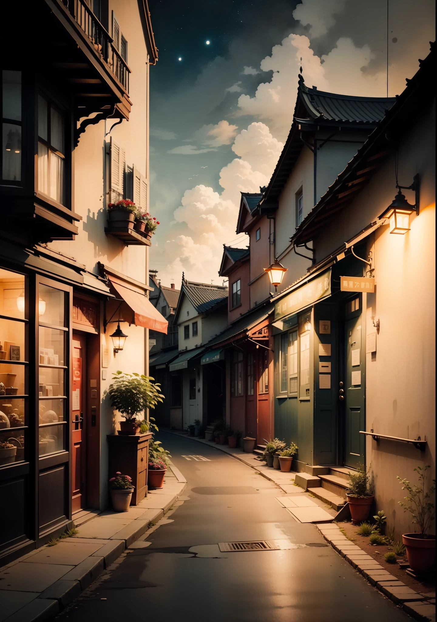 detaileds,tmasterpiece,Watercolor works,Perfect quality,Award-winning works,Summer nights、Red lantern💡,Firefly lamps,Paint street views with vans and buildings, European street art, Ink painting,