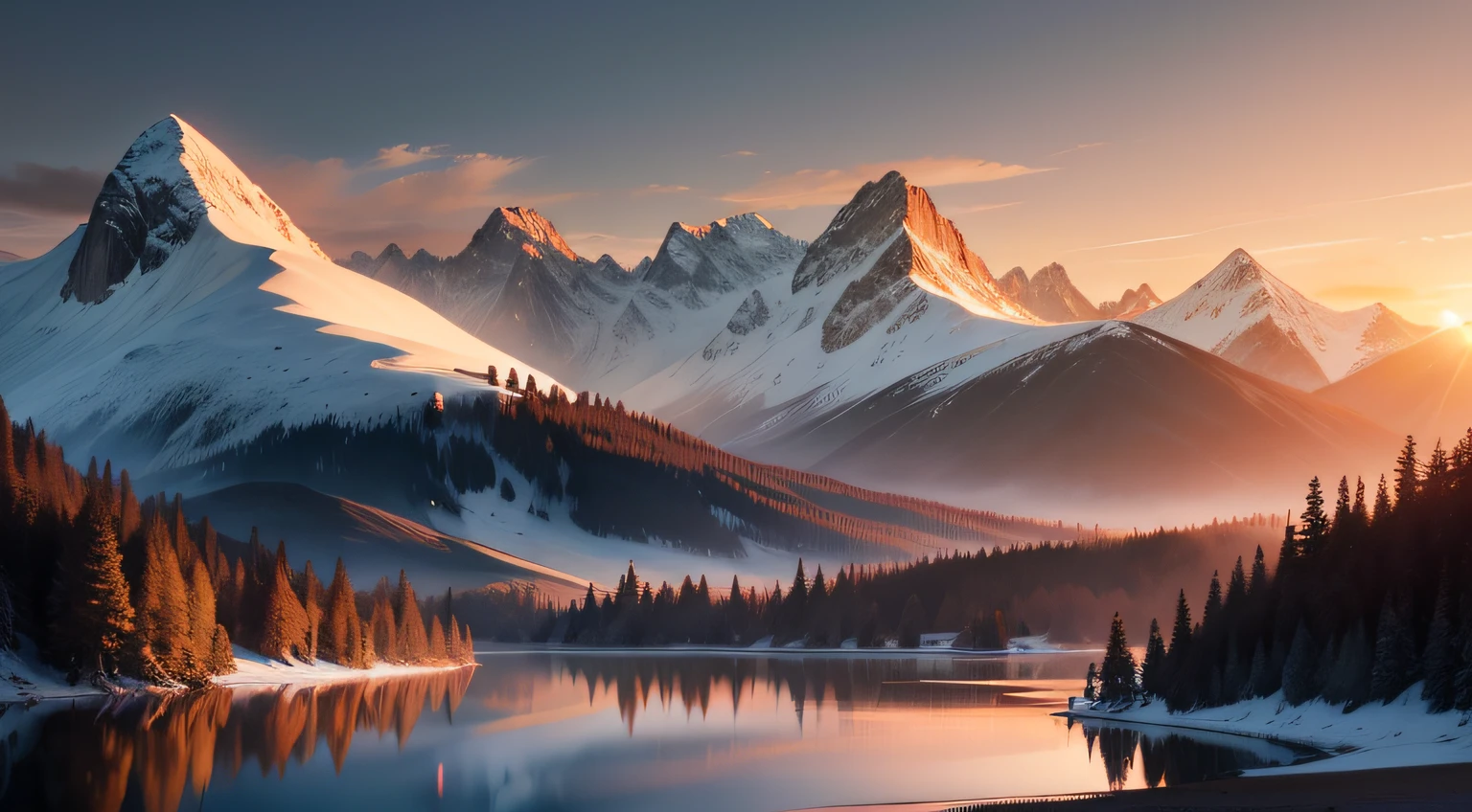 the setting sun,High hills,mountain ranges,lakes,the woods,Skysky,evening light