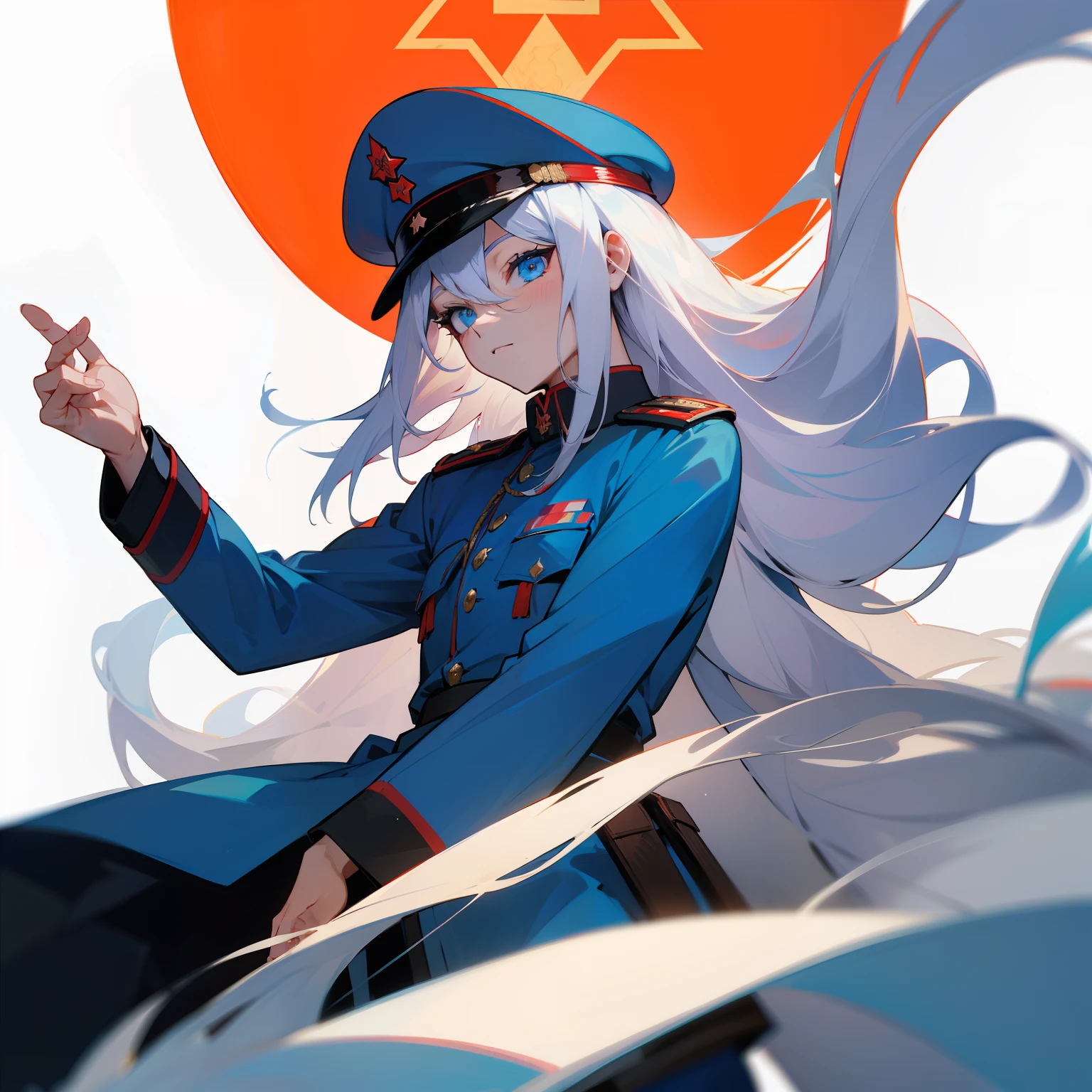 (tmasterpiece,best qualtiy),1 long white hair,Blue-eyed pseudonym,Soviet military uniform