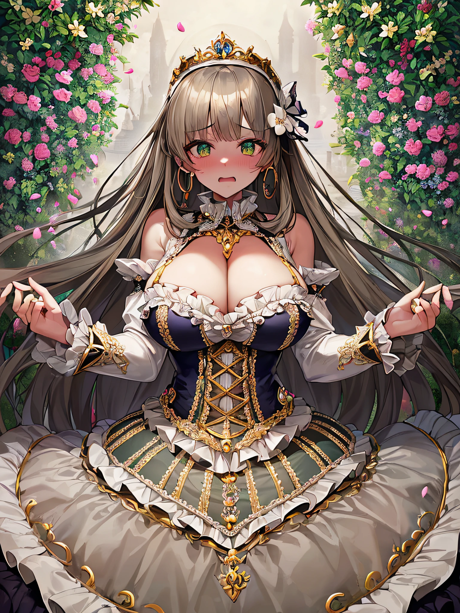 ((anime artstyle)),(Masterpiece),(Best Quality), (Super Detail),((Very Delicate and Beautiful)),(((Solo))),((full body)),(((1 bling-bling princess in gorgeous ta dress with voluminous full length hoop skirt))),bling-bling,((standing in garden)),Long train,(bling-bling gorgeous gemstone jewelry),detailed face and eyes,jewel-like eyes,cry,((embarrassed)),anguish,((large amount of straight hair,extremely voluminous Very Long Straight Hair)),(((gigantic tits,Long tits))),cleavage,(gorgeousfull embroidery and lace),gorgeous corsage,See-through,(extremely gorgeousfull loliair ornament)),bling-bling extremely gorgeousfull jeweled tiara,ornate ruffles,(hoop skirt,crinoline),white lily flowers, flower petals flowing,((Dynamic Angle)),Looking at viewer,((full body)),((extremely gorgeous lolita d with voluminous full length hoop skirt))