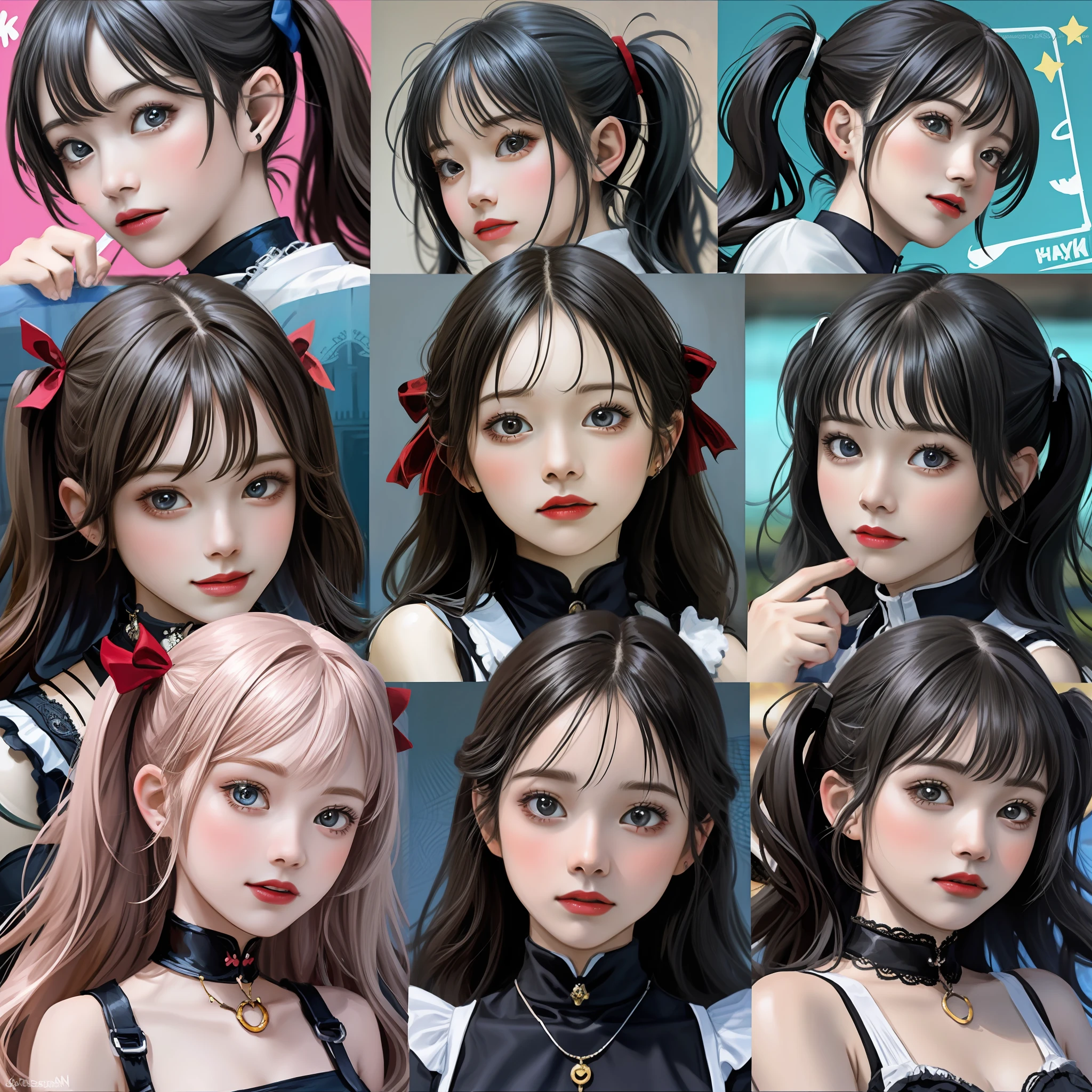 1 cute girl，9 grids，9 poses and expressions，Disney  style，Black strokes，Different emotions，8K