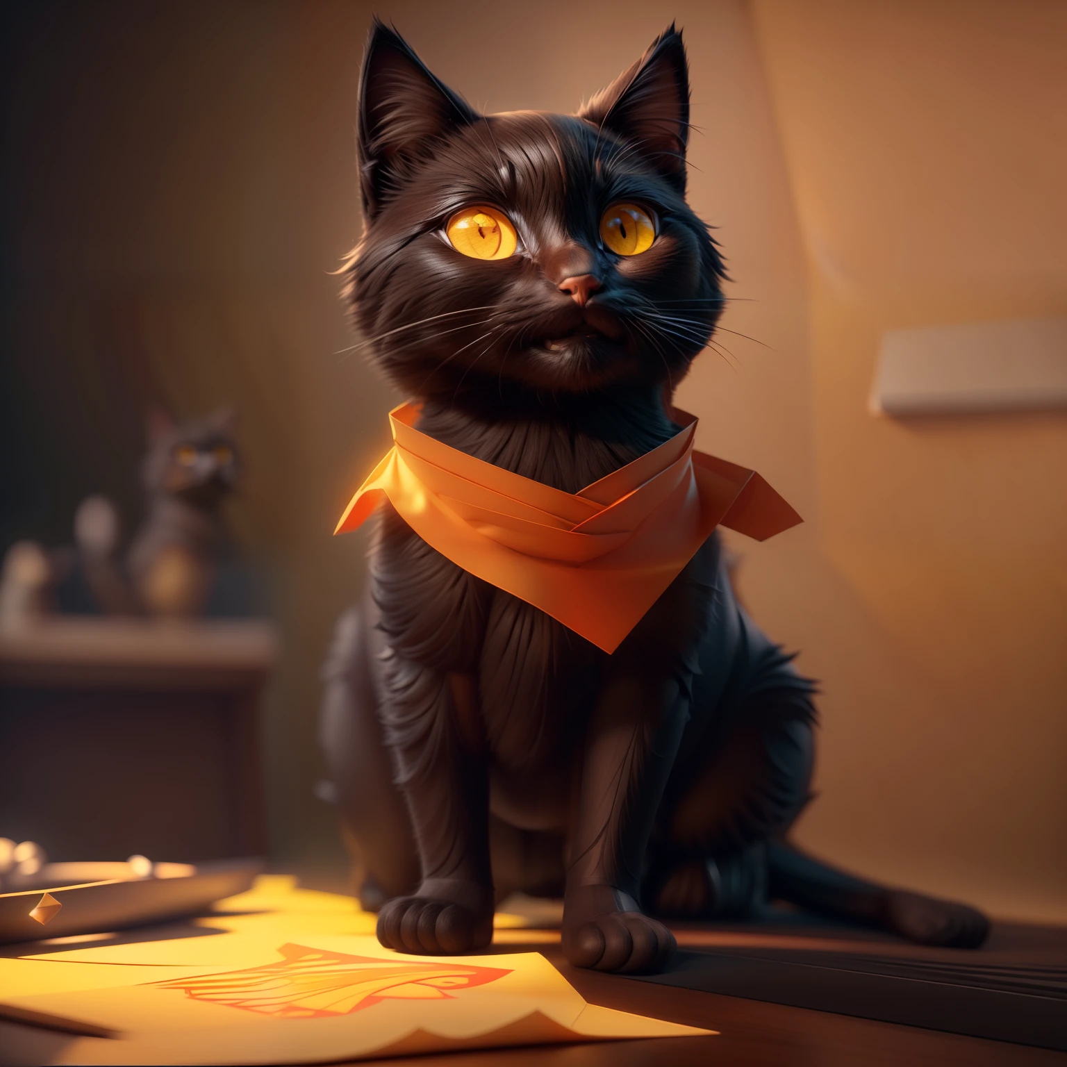 Movie Angle,( Cute black cat,Yellow eyes are anatomically correct,full bodyesbian,Masterpiece interior,Representative work red bib,Smile),(illustration,paper art,a 3D render),(Extremely colorful, Best quality, high detal, Masterpiece, Cinematic lighting, 4K, Chiaroscuro)
