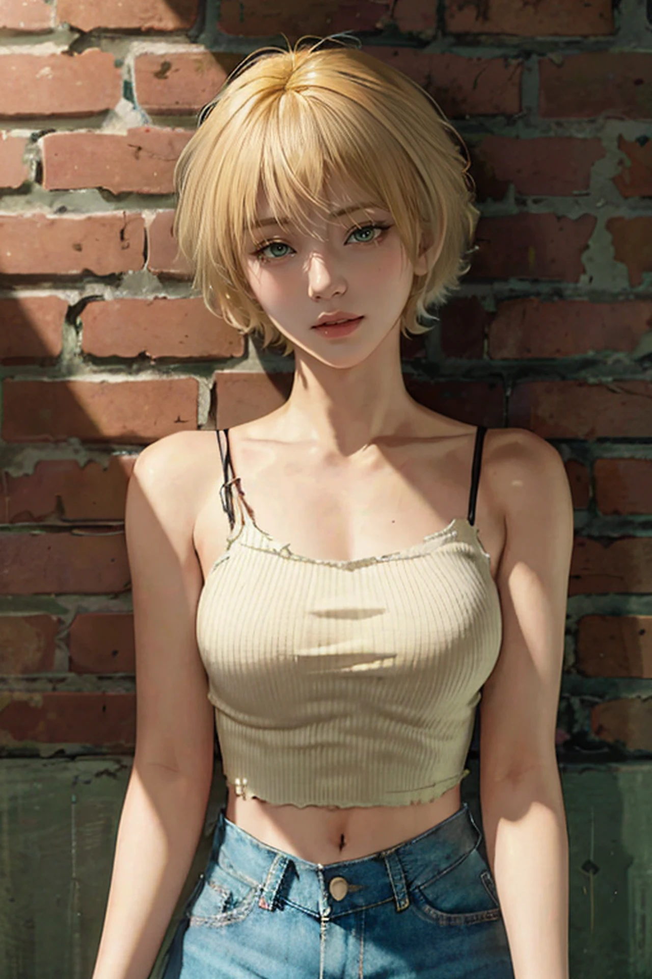 best quality, upper body,intricate details, chromatic aberration,1girl,bare shoulder, short hair, yellow hair,short hair, cinematic lighting, natural makeup, green eyes,sharp eyes, (open mouth:0.5),croptop, torn jeans legwear,white shirt, open white shirt,against wall, brick wall, graffiti, dim lighting, alley