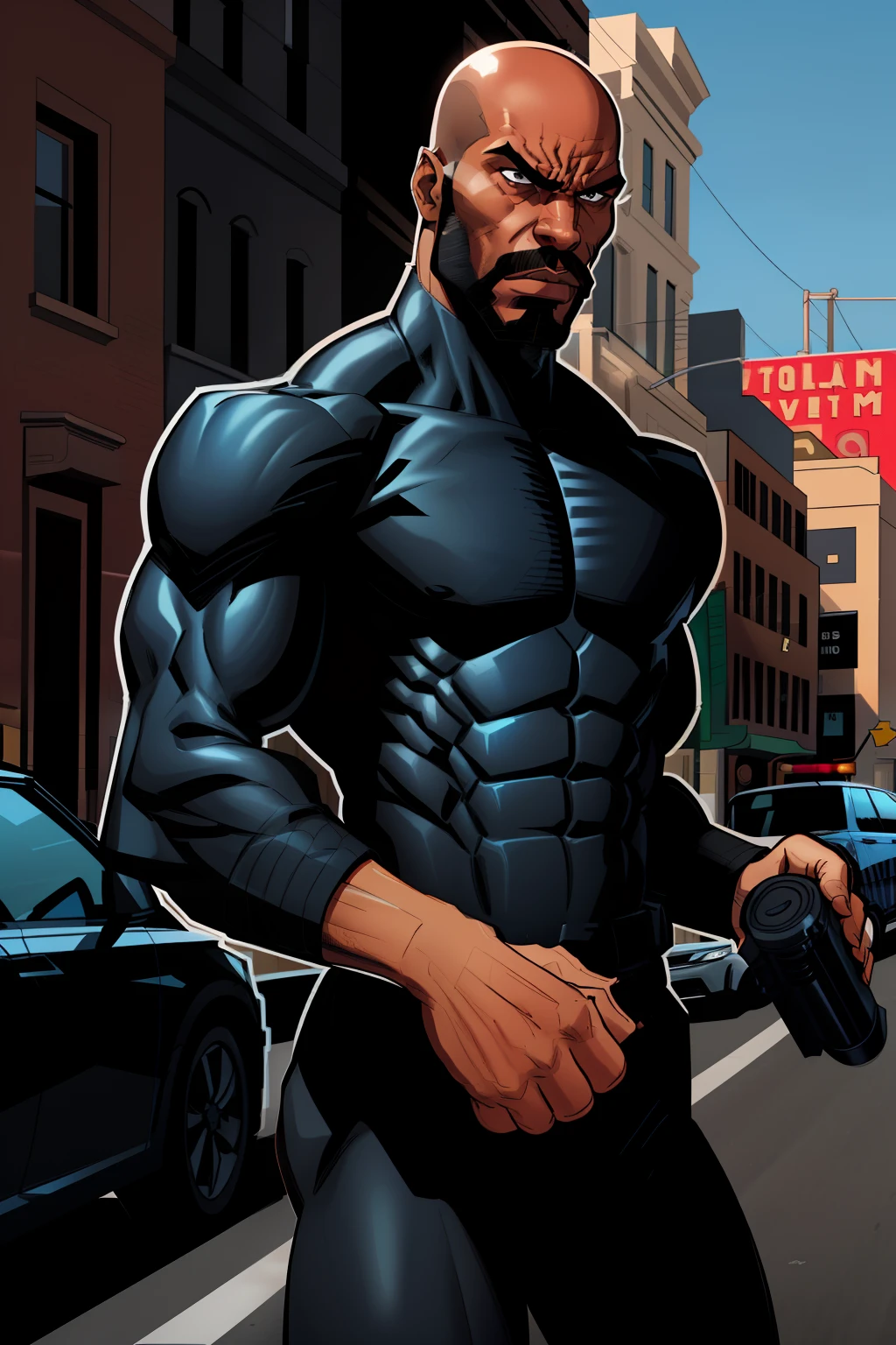 police officer, black man, wearing police suit, bald, facial hair, day time, street, angry expression, bald, comic book style, flat shaded, prominent comic book outline linework