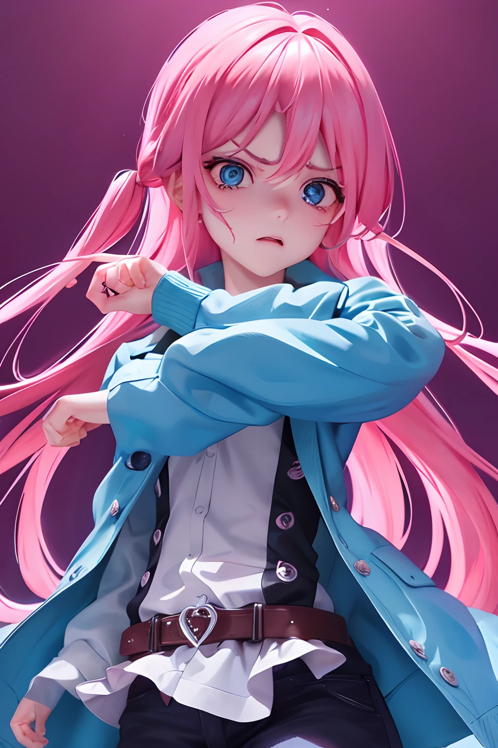 1boys, Pink hair, Blue eyes, (cowboy_Shot:1.2), Face focus, Long hair, side locks, Scared,(terrified:1.1) expression, holding teddy bear, Atmospheric lighting, Moody, Darkness,