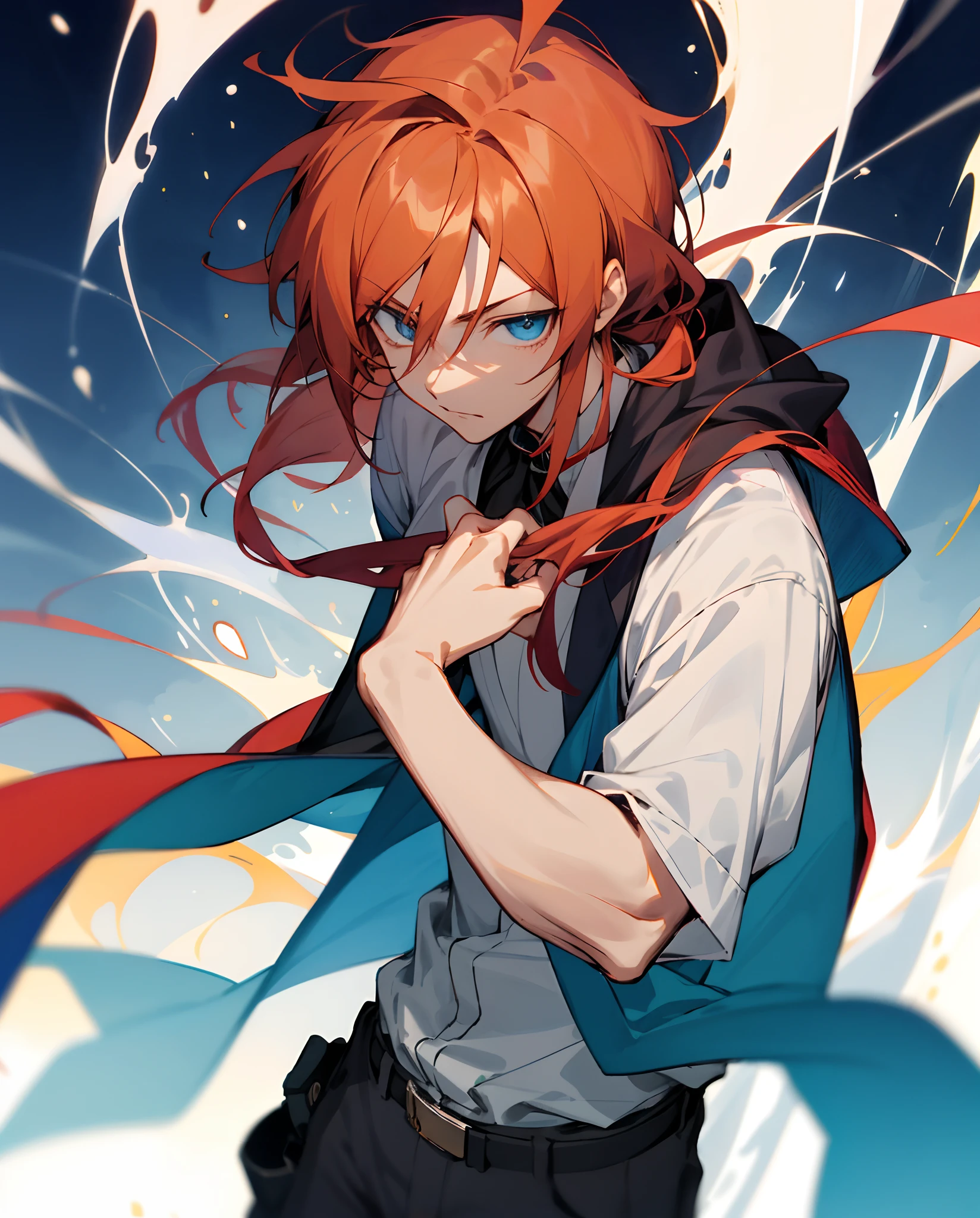 A close-up of a red-haired and blue-eyed character,Anime style handsome male character,Slender figure,Kirino style young male anime character,Tall blue-eyed man,Yamashita Ikuto-style shushu anime image,aragorn in an anime world,Male anime characters in the style of Takushiro Hinata。