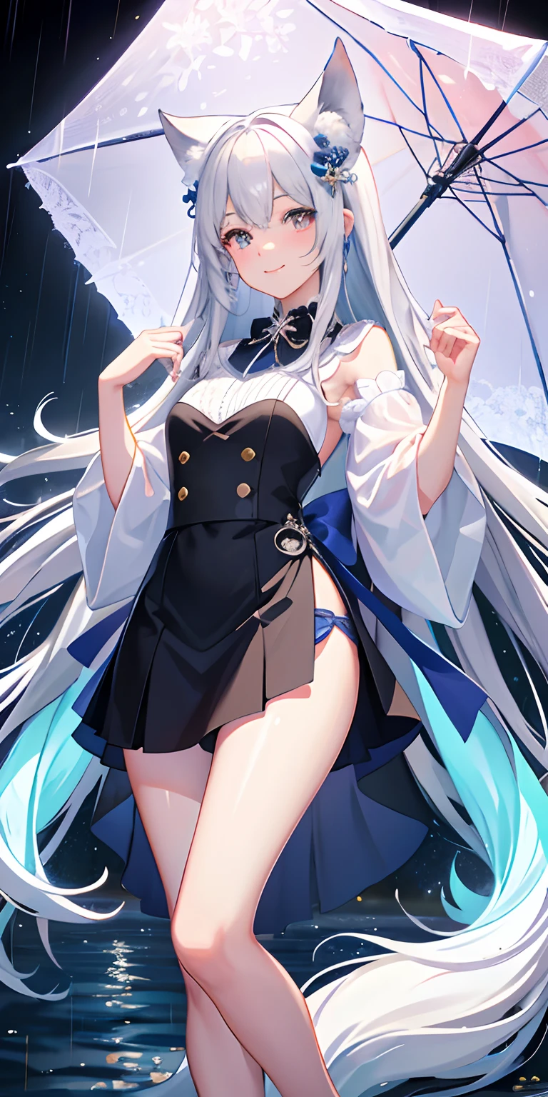 (8K，Best picture quality，tmasterpiece)、realisticlying、ultra - detailed、1 cute girl with、Blush smile and shut up、Professional clothing soaked in night rain、White lace、Long flowing hair、Nova Frog-style nine-tailed fox，whaite hair，Pupils of different colors，full bodyesbian，On the street on a rainy day at night。In an appointment