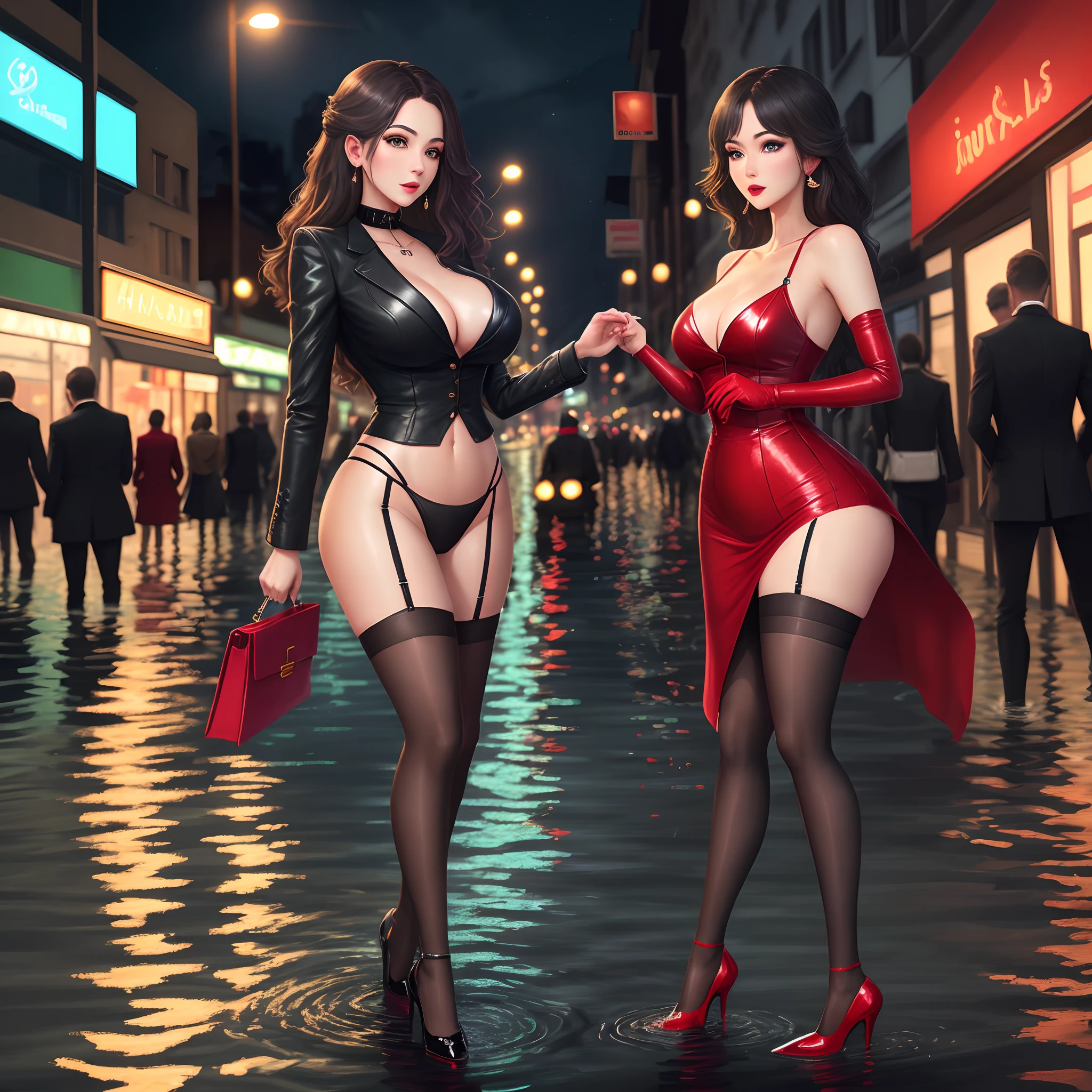 the night,Bustling streets,a beauty girl,Red ,Open the by hand,Obscene flooding,Obscene lines,red high heel pumps,Malu,Nipple rings,black lence stockings
