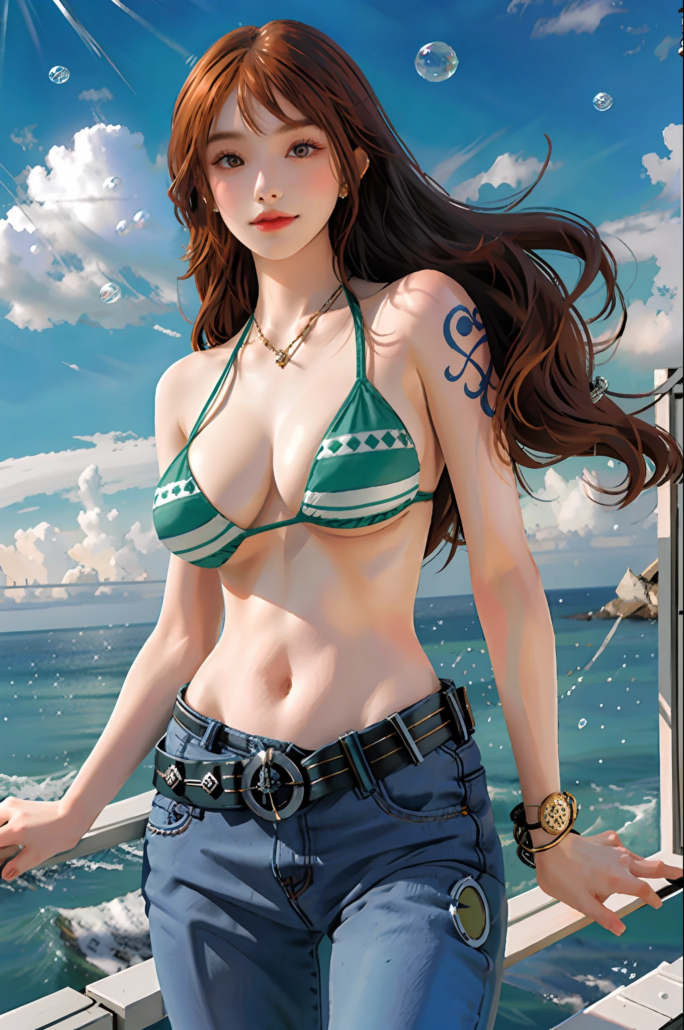 detailed background, masterpiece, best quality, 1girl, solo, nami \(one piece\), 1girl, bangle, bangs, bare shoulders, belt, bikini, bikini top only, blue sky, bracelet, breasts, brown eyes, bubble, cleavage, cloud, cowboy shot, day, denim, earrings, floating hair, green belt, green bikini, groin, jeans, jewelry, large breasts, long hair, looking at viewer, navel, orange hair, pants, shoulder tattoo, sidelocks, sky, smile, solo, standing, stomach, swimsuit, tattoo , looking at viewer