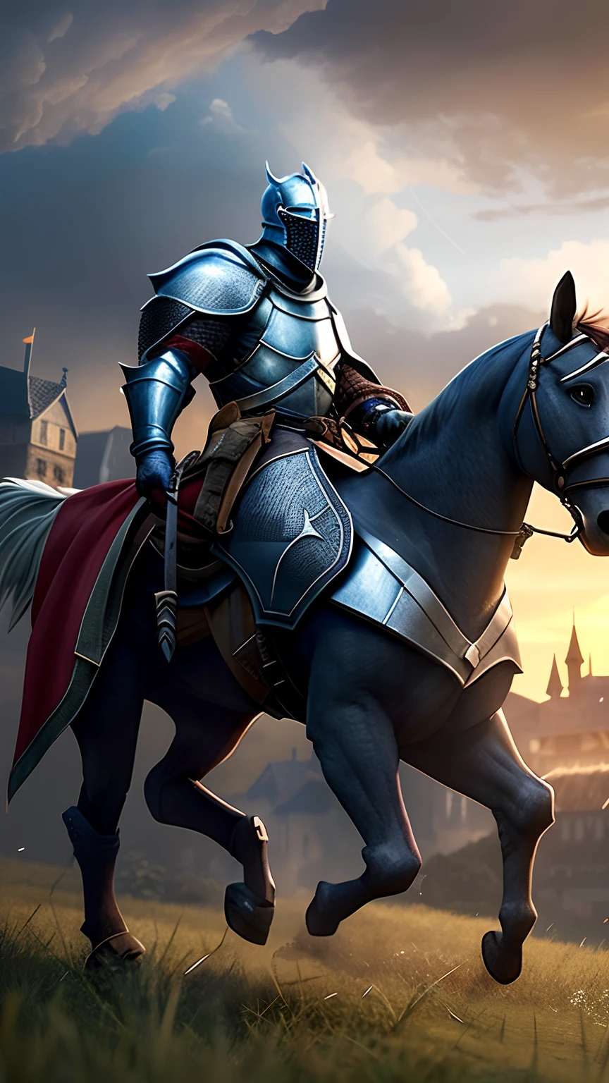 Realistis，top-quality，tmasterpiece，cinematic compositions，Slow motion，Side view（Long shot of a medieval European knight，Knight's helmet，Can't see the face），nigth，deep in the night，Chain mail and plate armor，（Realistic and detailed|Complex armor：1.1），（Realistic physiognomy|The eye|irises|The skin|Muscle tissue，Detailed skins，skin textures，Natural skin），（Holding a sword in hand：1. 2）， Frontal perspective，Homem-Imponente、Stand firm，Look forward firmly，The knight rode a steed（The horse's hind hooves hit the ground，Front hooves fly，Realistic horses）Highly detailed knightly costumes，rich details​，intricately details，Realistic clothes wrinkles，Medieval fantasy landscape，mostly cloudy sky，Castle in the background in the distance，Radiant illumination，deep shading，dramatic scene，Dark and cool tones，Blue and gray tones， There are no other characters in the scene，detail-rich|复杂，Detailed landscapes，Volumetriclighting，（Detailed lighting），（Detailed light reflection on armor：1.1），8K，highly details，hyper HD，hdr，