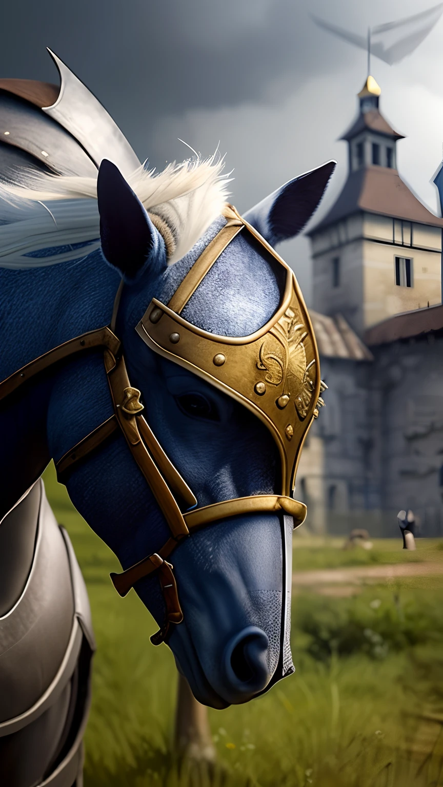 Realistis,top-quality,tmasterpiece,cinematic compositions,Slow motion,Side view(Long shot of a medieval European knight,Knight's helmet,Can't see the face),nigth,deep in the night,Chain mail and plate armor,(Realistic and detailed|Complex armor:1.1),(Realistic physiognomy|The eye|irises|The skin|Muscle tissue,Detailed skins,skin textures,Natural skin),(Holding a sword in hand:1. 2), Frontal perspective,Homem-Imponente、Stand firm,Look forward firmly,The knight rode a steed(The horse's hind hooves hit the ground,Front hooves fly,Realistic horses)Highly detailed knightly costumes,rich details,intricately details,Realistic clothes wrinkles,Medieval fantasy landscape,mostly cloudy sky,Castle in the background in the distance,Radiant illumination,deep shading,dramatic scene,Dark and cool tones,Blue and gray tones, There are no other characters in the scene,detail-rich|复杂,Detailed landscapes,Volumetriclighting,(Detailed lighting),(Detailed light reflection on armor:1.1),8K,highly details,hyper HD,hdr,