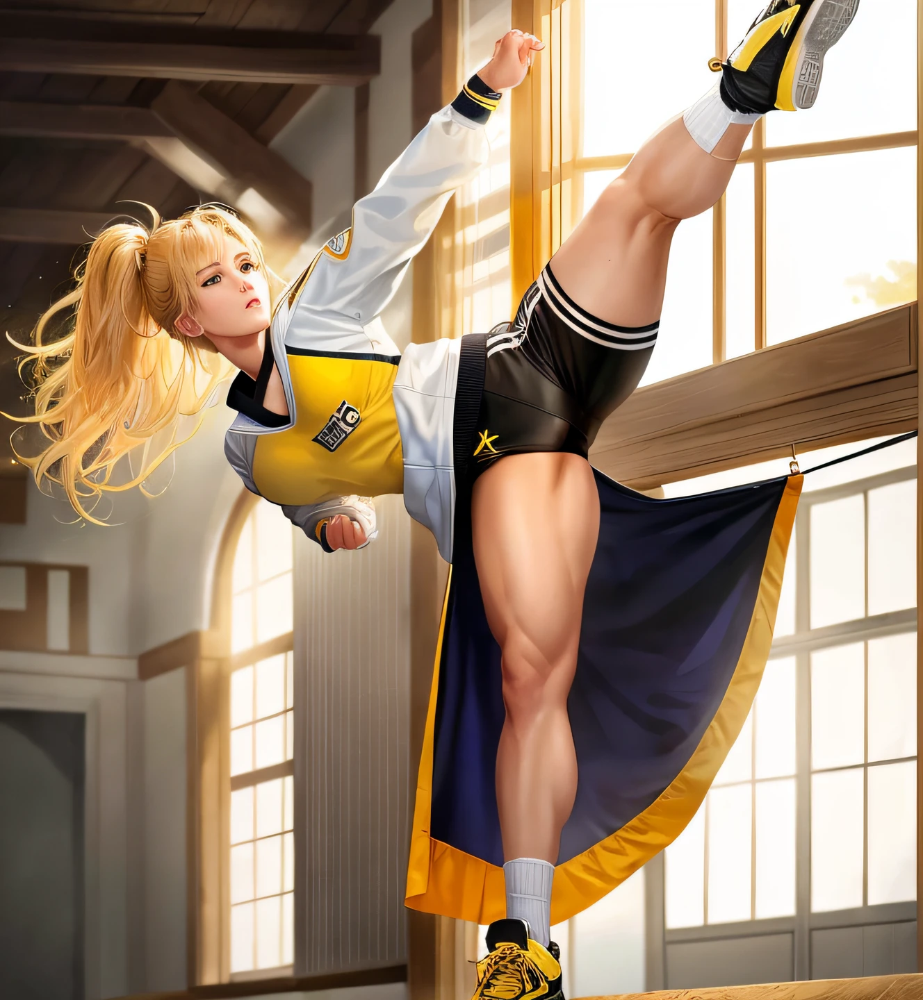 ((Best Quality)), ((Masterpiece)), (Detailed: 1.4), 16k, (((1girl))), very big chest, slim waist, short blonde hair, ((yellow eyes)), eyes detailed, ((eyes emitting intense glow)), muscular, extremely defined body, sweaty, ((taekwondo outfit)), sexy micro shorts, serious look, mat, performing the poomsae kick pose, in a martial arts fighting competition , extremely detailed image, detail in the audience.