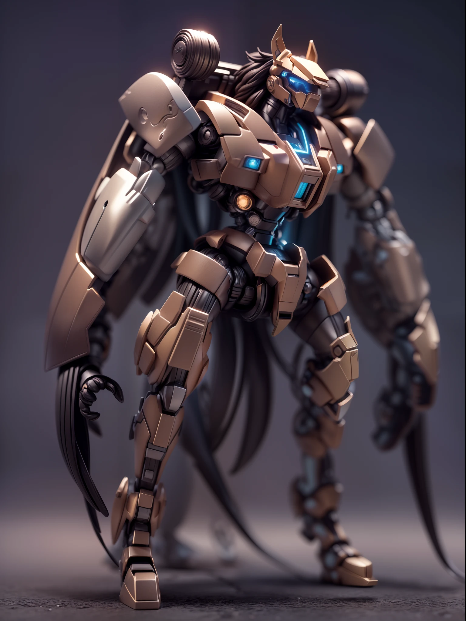 (Blind box toy style:1.3),((Full body shot))(anthropomorphism) , (1 strong horse mecha warrior)(((solo))) metal mecha,dreamy glow, Clean dark background,Brown black style,(circular base)( Global illumination, Ray tracing, hdr, unreal render,reasonable design, high detail, Masterpiece, Best quality, hyper HD, Cinematic lighting)