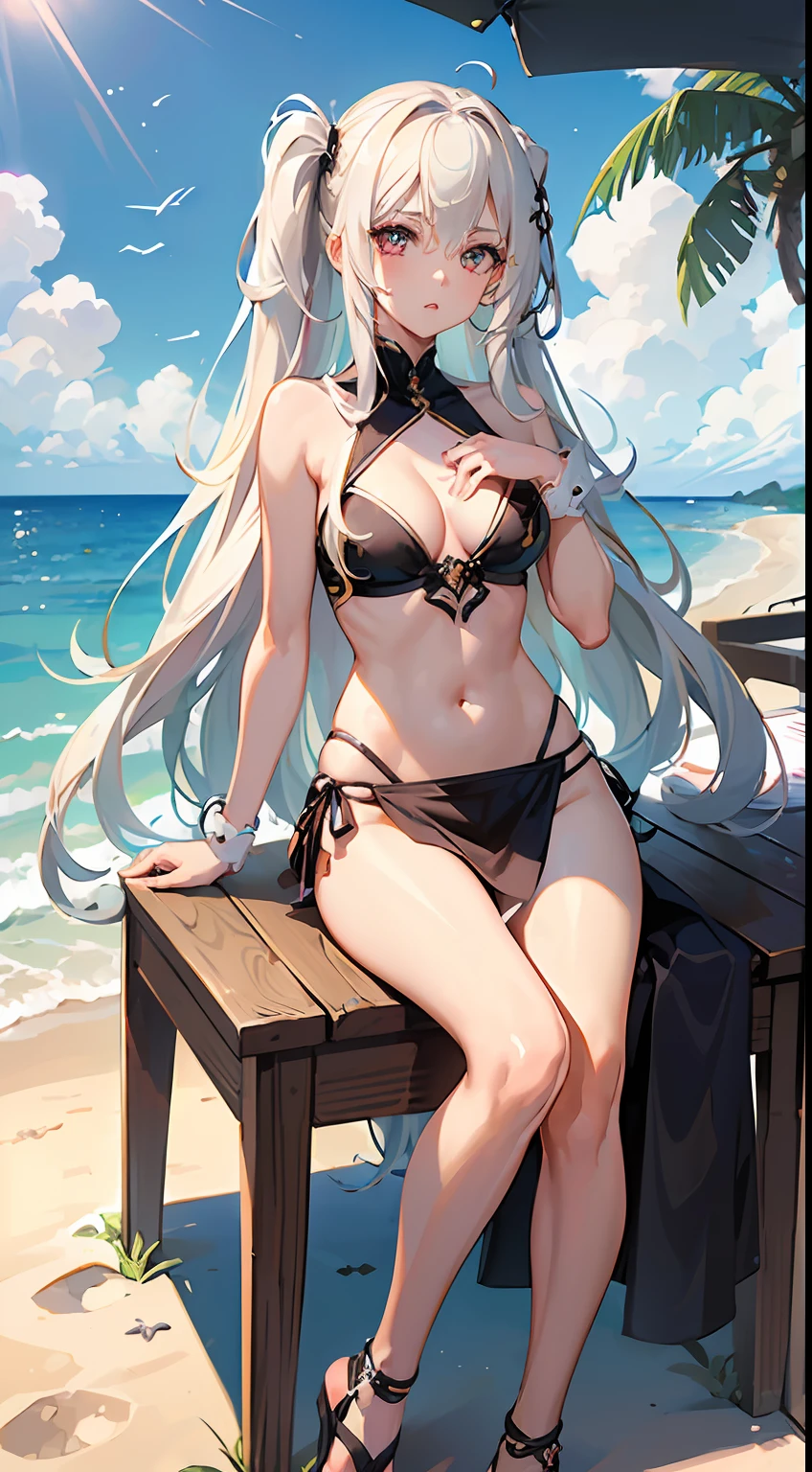 ((Best Quality)), (Ultra-detailed), ((Extremely detailed)), (Beautiful), ((Kawaii Girl)),(two side up hair).,Platinum Blonde Hair,Long hair, hair between eye, Wavy Hair, Long sideburns,Jade-colored eyes, White skin,Normal Chest,Slender body,Cross Halter Bikini,Sandals,Sitting,in beach,Look Camera