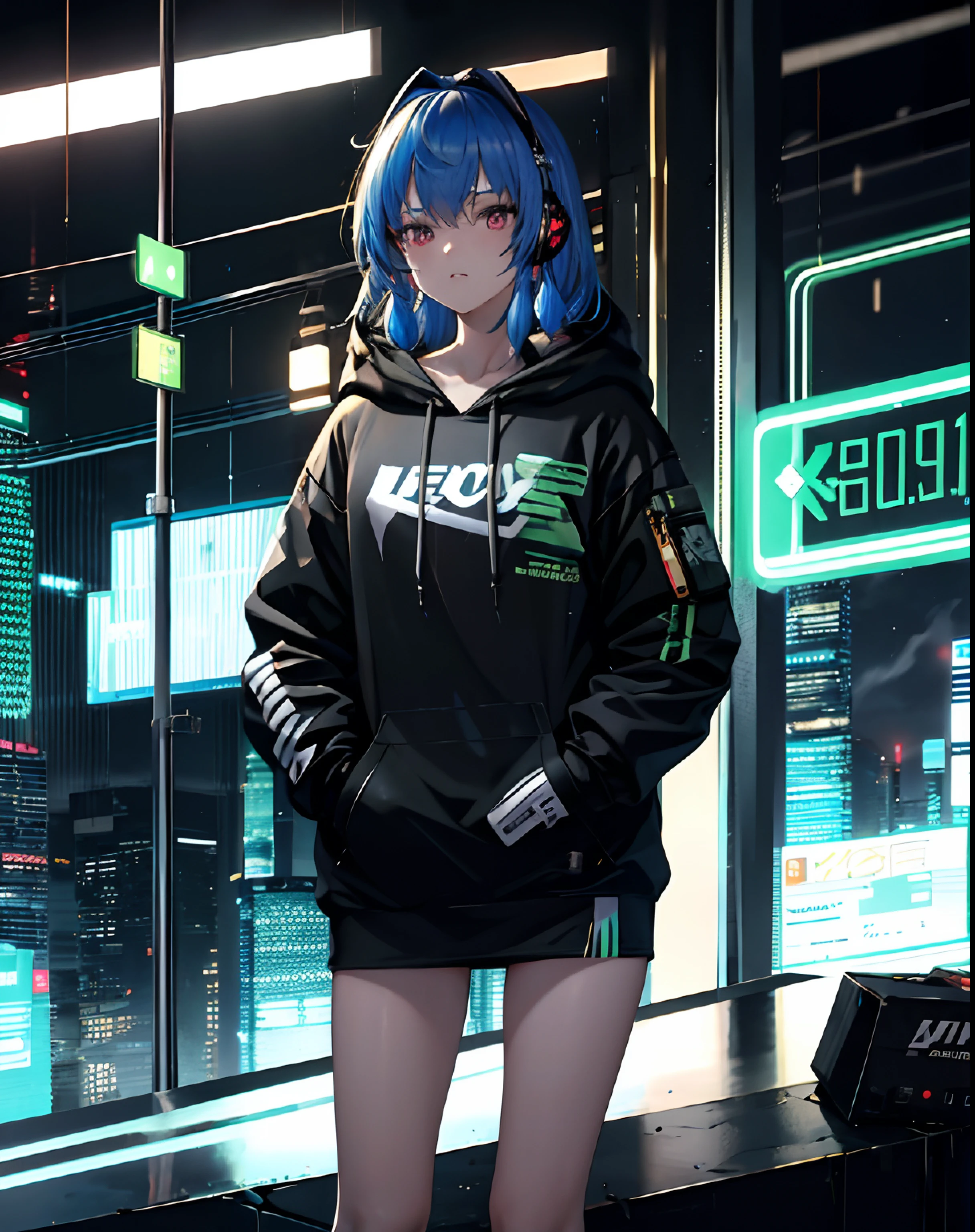 stlouis, cabelo verde neon, cabelo curto, 1girl, solo, (peito plano), hoodie, tiro de cowboy, headphones around neck, (hand in pocket), ao ar livre, cyberpunk, chuva digital, digital dissolution, bare_legs, bilding, lua cheia, neon lights, ray_tracing, obra-prima, altamente detalhado,