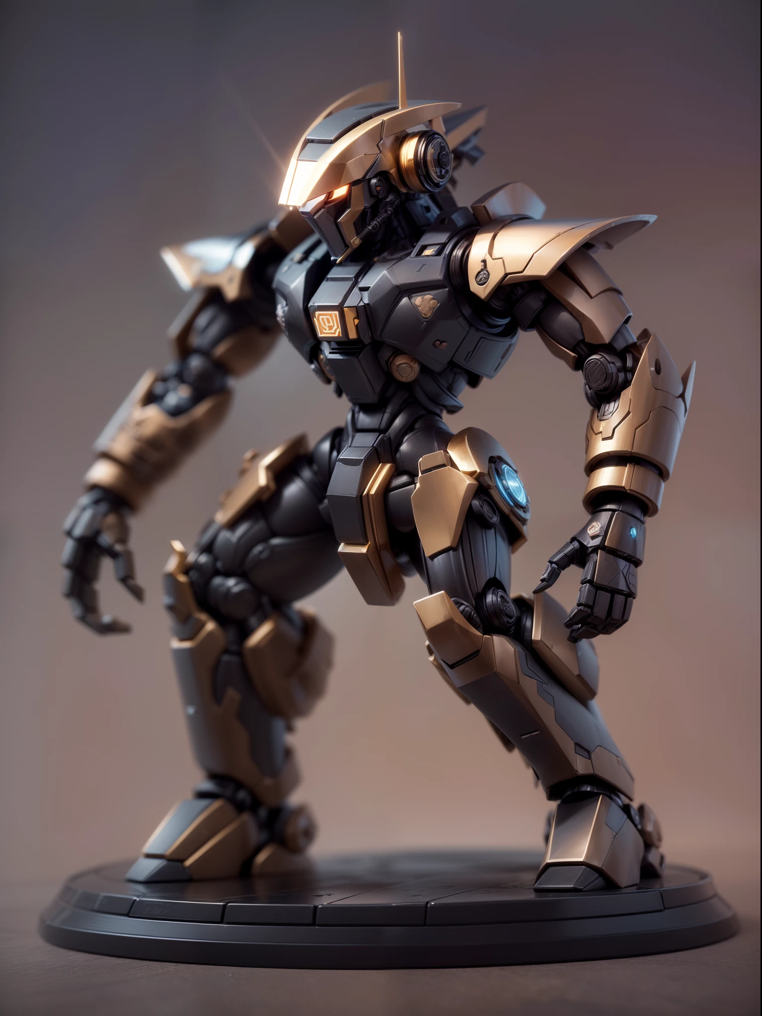 (Blind box toy style:1.3),((Full body shot))(anthropomorphism) , (1 strong horseman mecha warrior)(((solo))) metal mecha,dreamy glow, Clean dark background,Brown black style,(circular base)( Global illumination, Ray tracing, hdr, unreal render,reasonable design, high detail, Masterpiece, Best quality, hyper HD, Cinematic lighting)