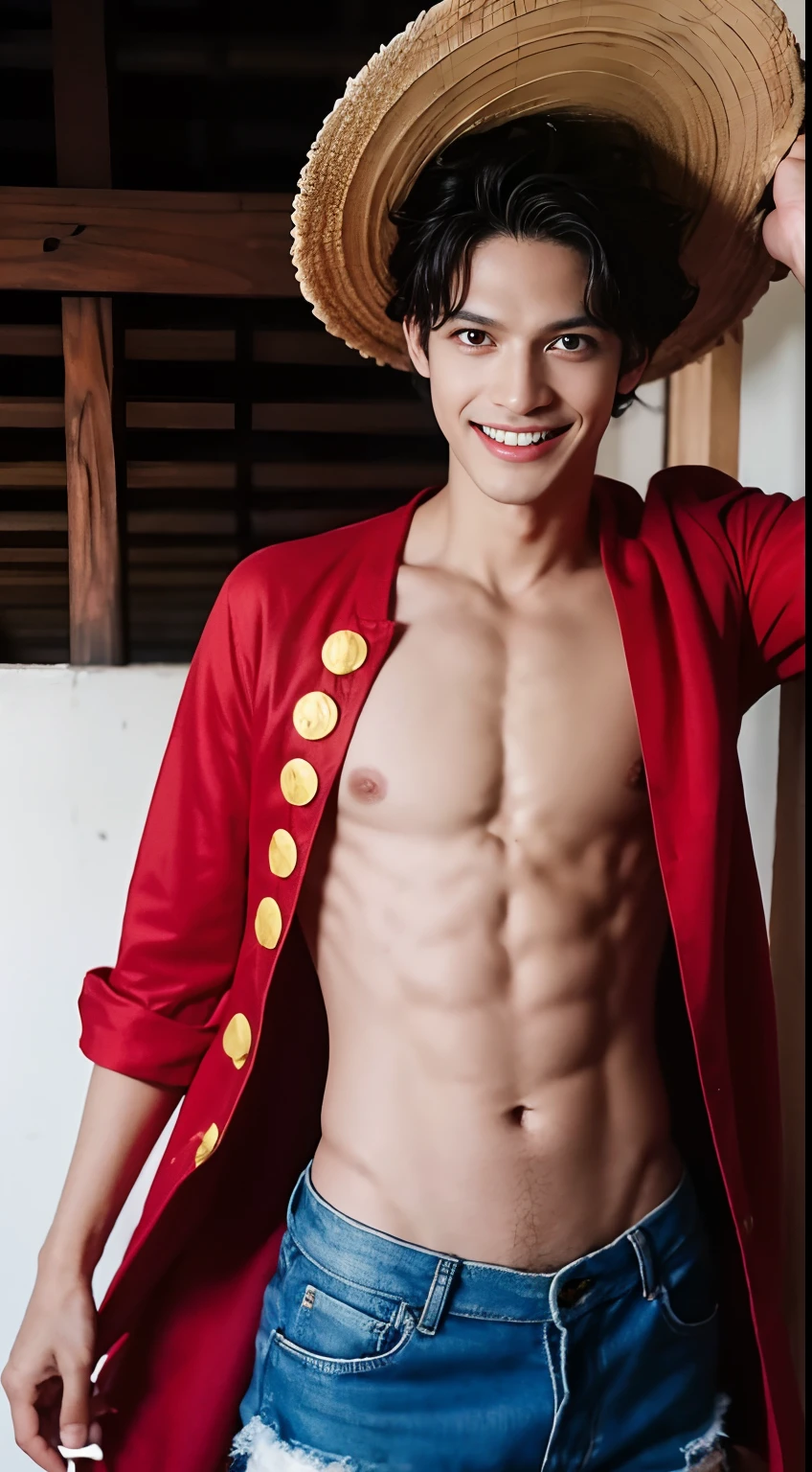 foto de corpo inteiro, Luffy tem cabelos pretos desgrenhados, round black eyes and a thin muscle build. He is renowned for his trademark straw hat, which was lent to him when he was young by the legendary pirate captain, "ruivo" Shanks,[35] que por sua vez o recebeu do Gol D. Roger. [43] Luffy usa um vermelho aberto, Long-sleeved cardigan with four buttons, com uma faixa amarela amarrada na cintura (lembrando um pouco a roupa do Gol D. Roger). Luffy also has a scar under his left eye), which he earned as a child by stabbing his face to show Shanks that he was tough enough to be a pirate. [44] Ele foi gravemente ferido por Akainu na Guerra do Cume de Marineford,[45] deixando uma grande cicatriz em seu peito. [46] (fundo de navio pirata, praia palmeiras ), realista, detalhado, Child boy, jovem, cabelo preto liso curto, olhos pretos, olhar arrogante, olhos realistas, rosto detalhado, detailed hands, Suado, pernas detalhadas, dedos detalhados, cabelo detalhado, olhos detalhados, pele detalhada, dynamic lighting, (fotorrealista: 1.4), 8k UHD, (Hiper realista), (fotorrealista), (obra-prima), (melhor qualidade),  (( fundo praia )), corpo perfeito, non-thoracic scarring, usando jaqueta vermelha, blue shorts and hat. sem pelos pubianos, raiva, ((( cicatriz abaixo do olho esquerdo que ele mesmo fez cortando com uma faca )))