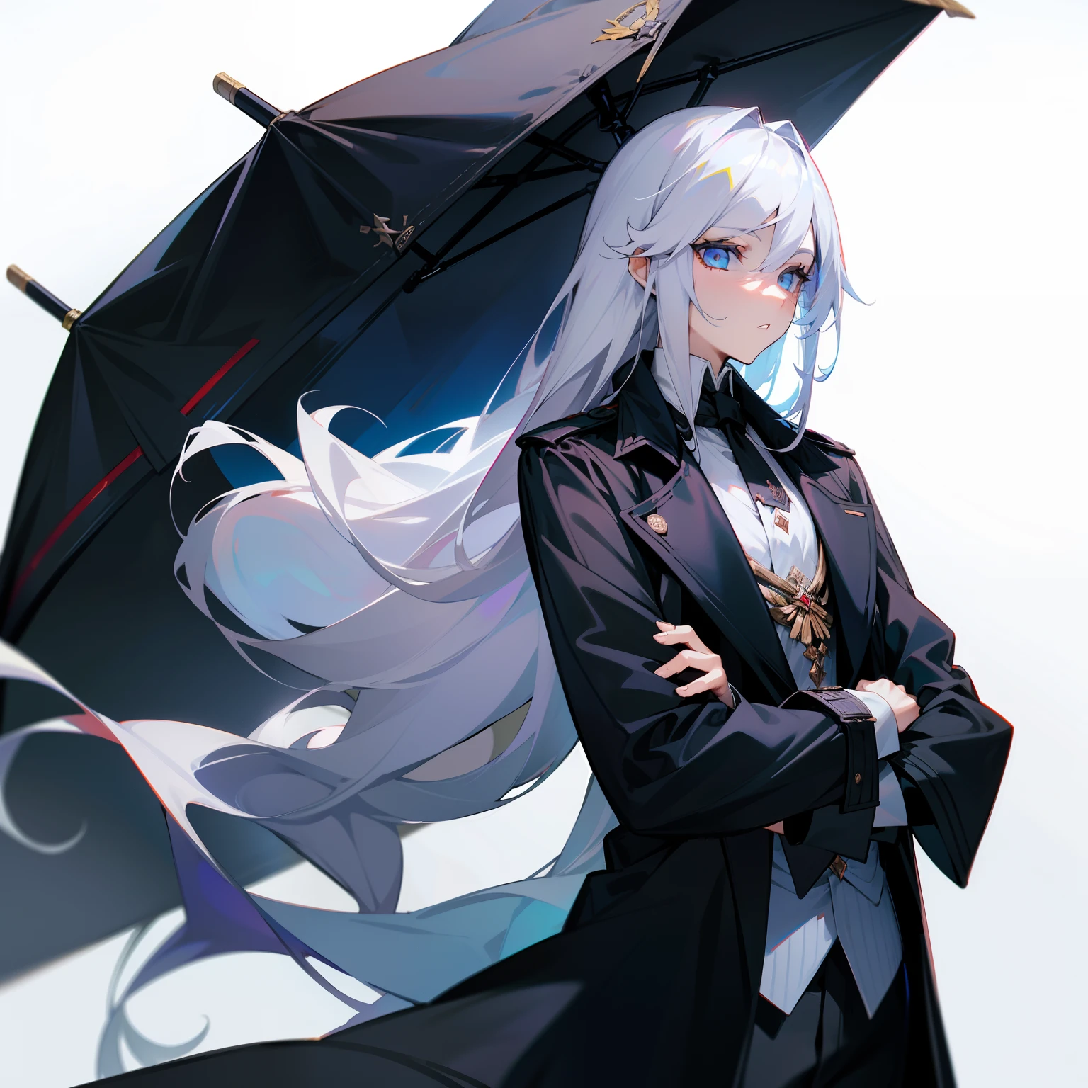 (tmasterpiece,best qualtiy),1 long white hair,Blue-eyed pseudonym,a black trench coat