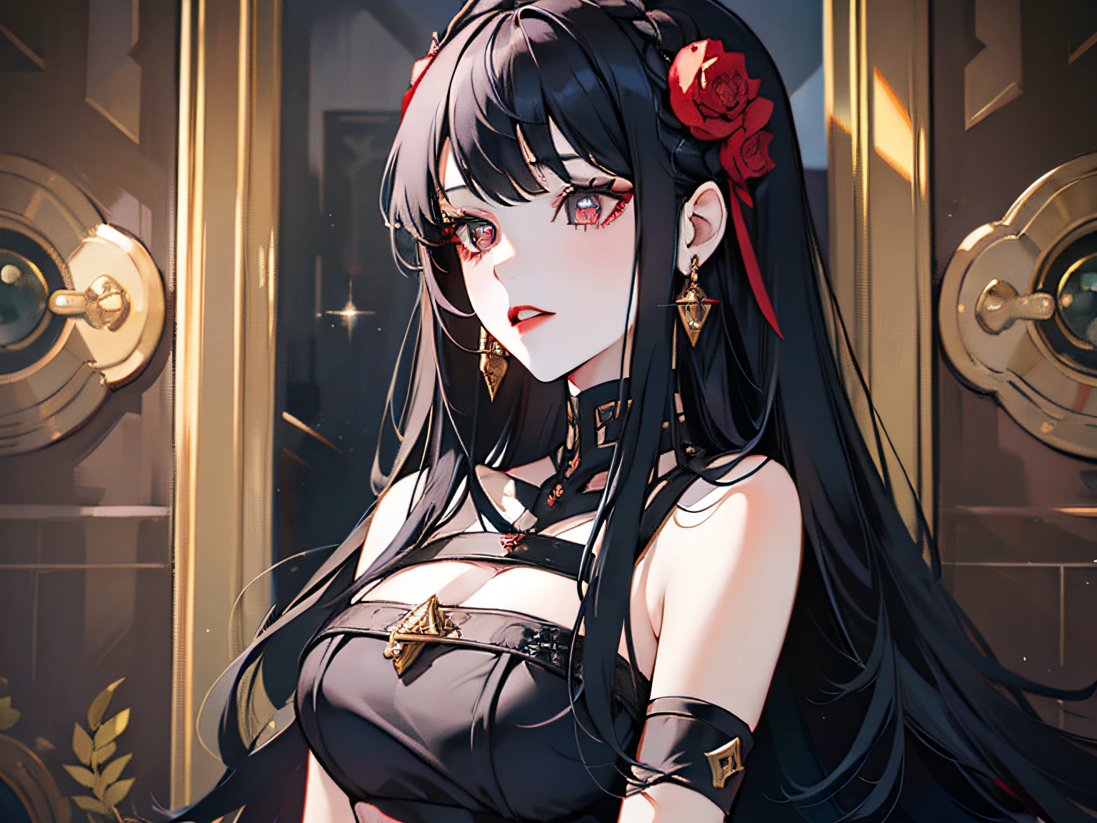 1 girl, Royal sister style, Black long hair, Black dress, Black pupils, Beautiful face, Red lips, high-end feeling, Noble