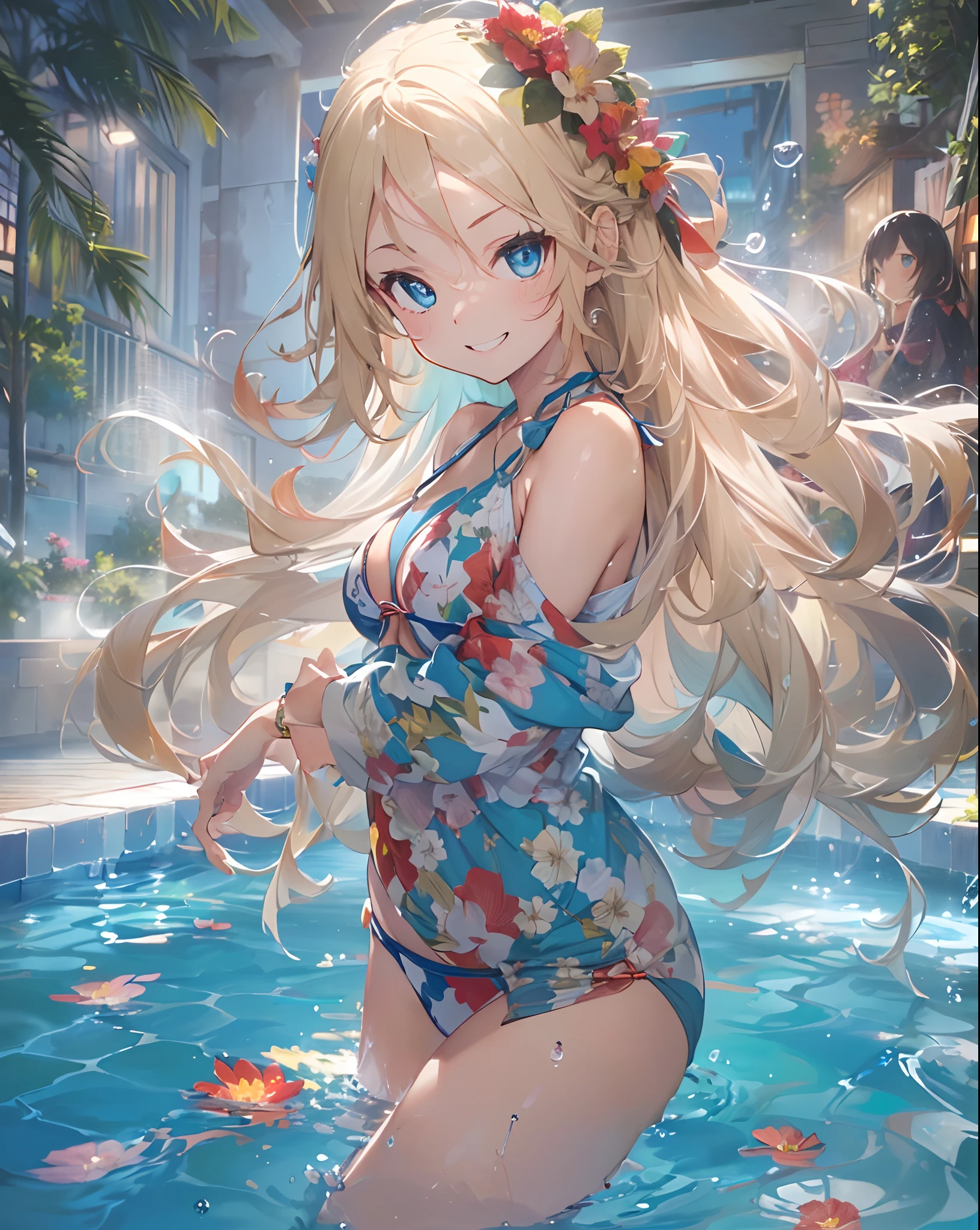 ((​masterpiece))、((top-quality)、(Super Detail)、8K、Delicate depictions are filmed in anime style。
(natta)、(Very long hair、Blond hair and bright blue eyes、）(Bring out your forehead:1.2)、Her blue eyes are highlighted。
The overall tone is brighter、she is smiling。appearance々Light-filled night pool, Summer, Bikini with red floral pattern,frilld、 directly in front、 Spiteful smile, Slouched, (sheet of spray:1.1), Floating water droplets, 
(((Night Pool))、((Fantastic.))