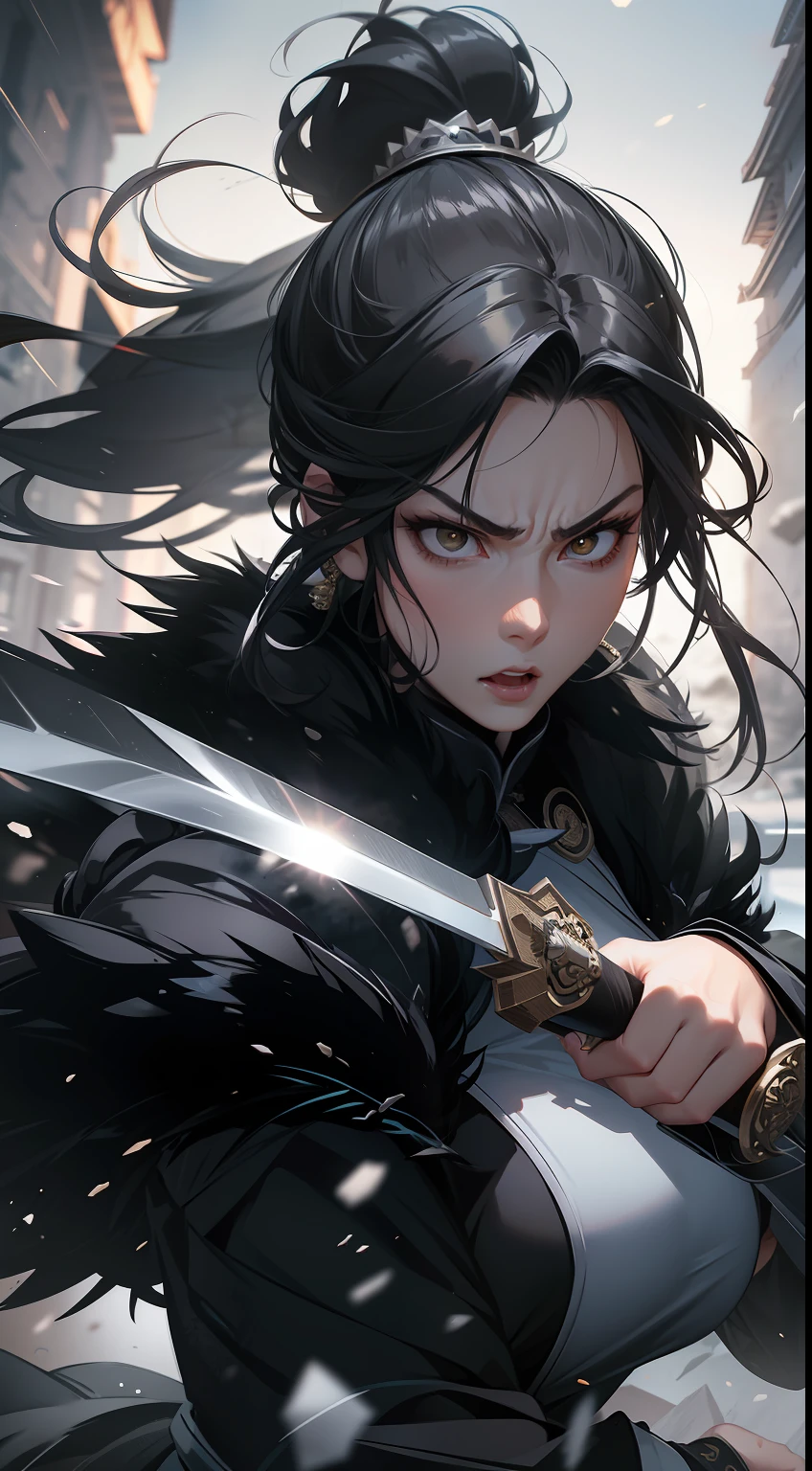 A woman holds a large knife，The knife is right in sight，Gorgeous fur collar thick Chinese dress，Angry expressions，Separate bangs，Raise an eyebrow，Ponytail hairstyle，Flying gravel，Surrounded by stones，fightingpose，dynamic blur，Detailed representation，8K