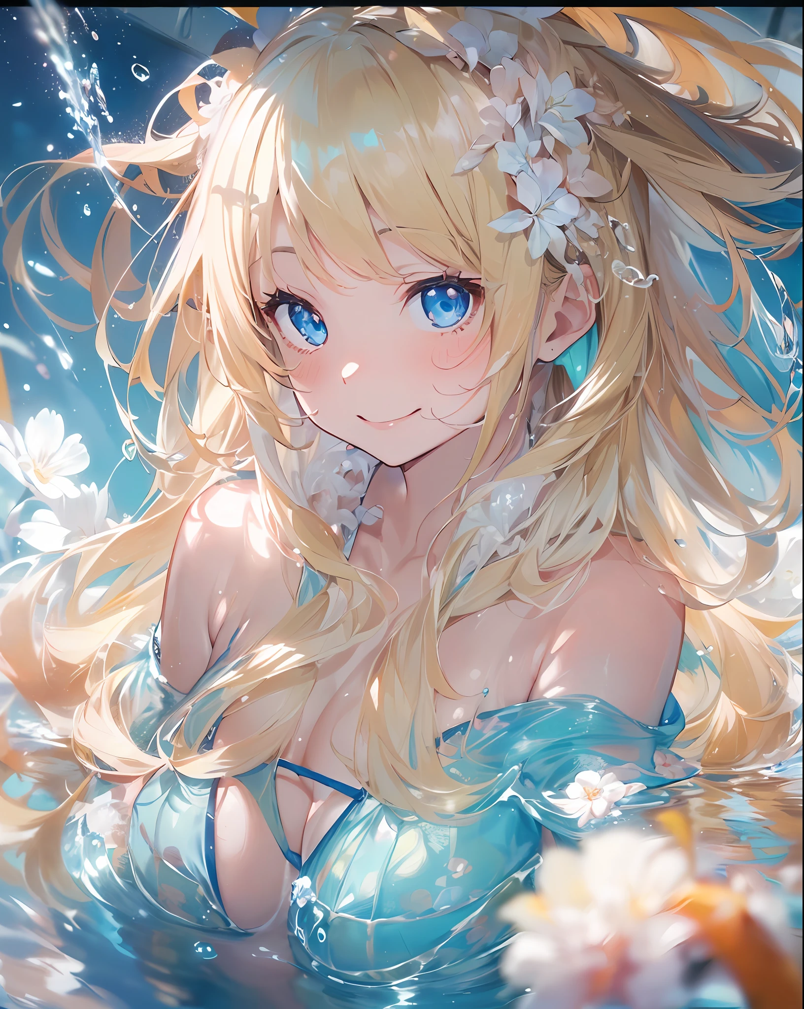 ((masterpiece))、((top-quality)、(Super Detail)、8K、Delicate depictions are filmed in anime style。
(natta)、(Very long hair、Blond hair and bright blue eyes、)(Bring out your forehead:1.2)、Her blue eyes are highlighted。
The overall tone is brighter、she is smiling。appearance々Light-filled night pool, Summer, Bikini with red floral pattern,frilld、 directly in front、 Spiteful smile, Slouched, (sheet of spray:1.1), Floating water droplets,
(((Night Pool))、((Fantastic.))