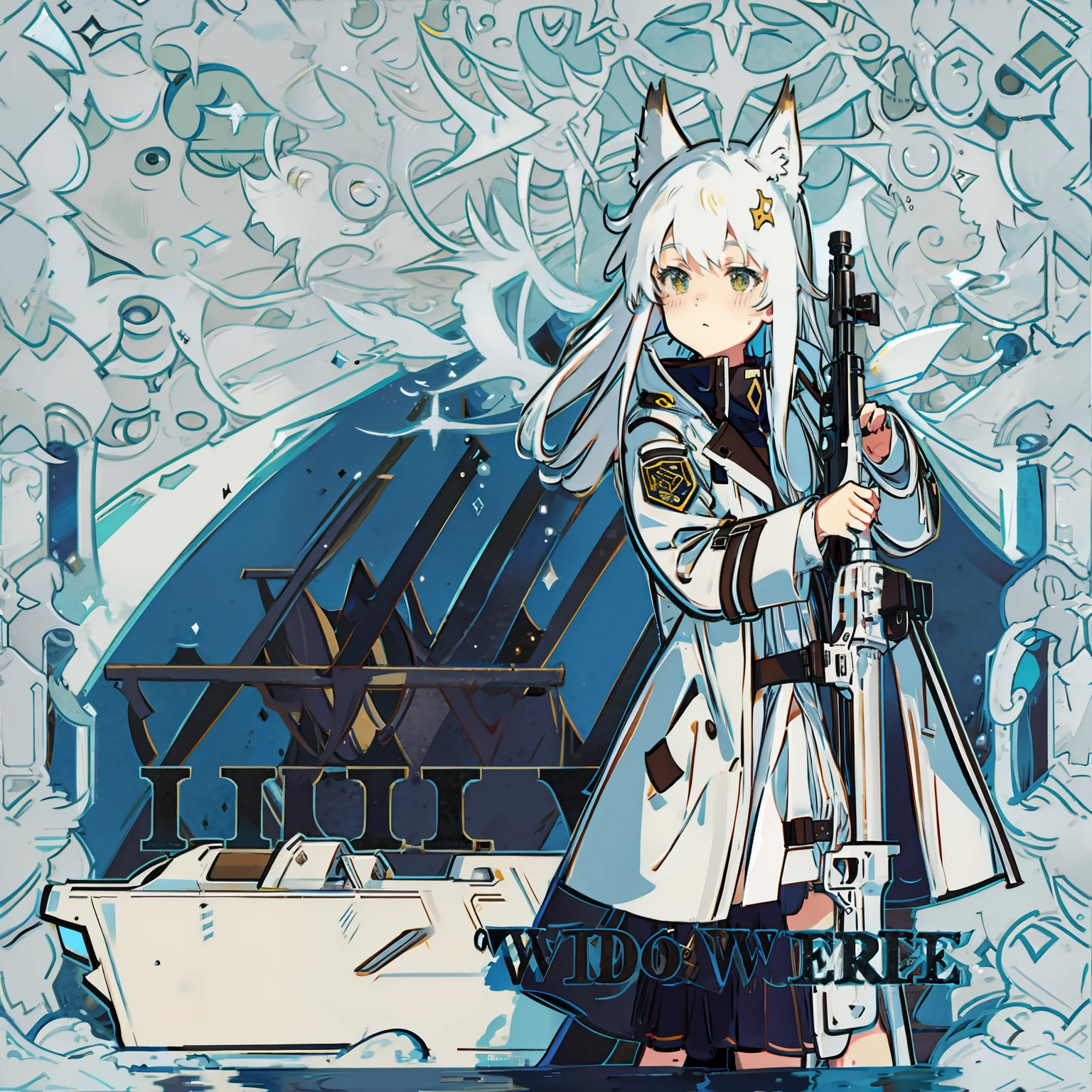 Trench coat，long  white hair，fox ear，teens girl，assault rifle