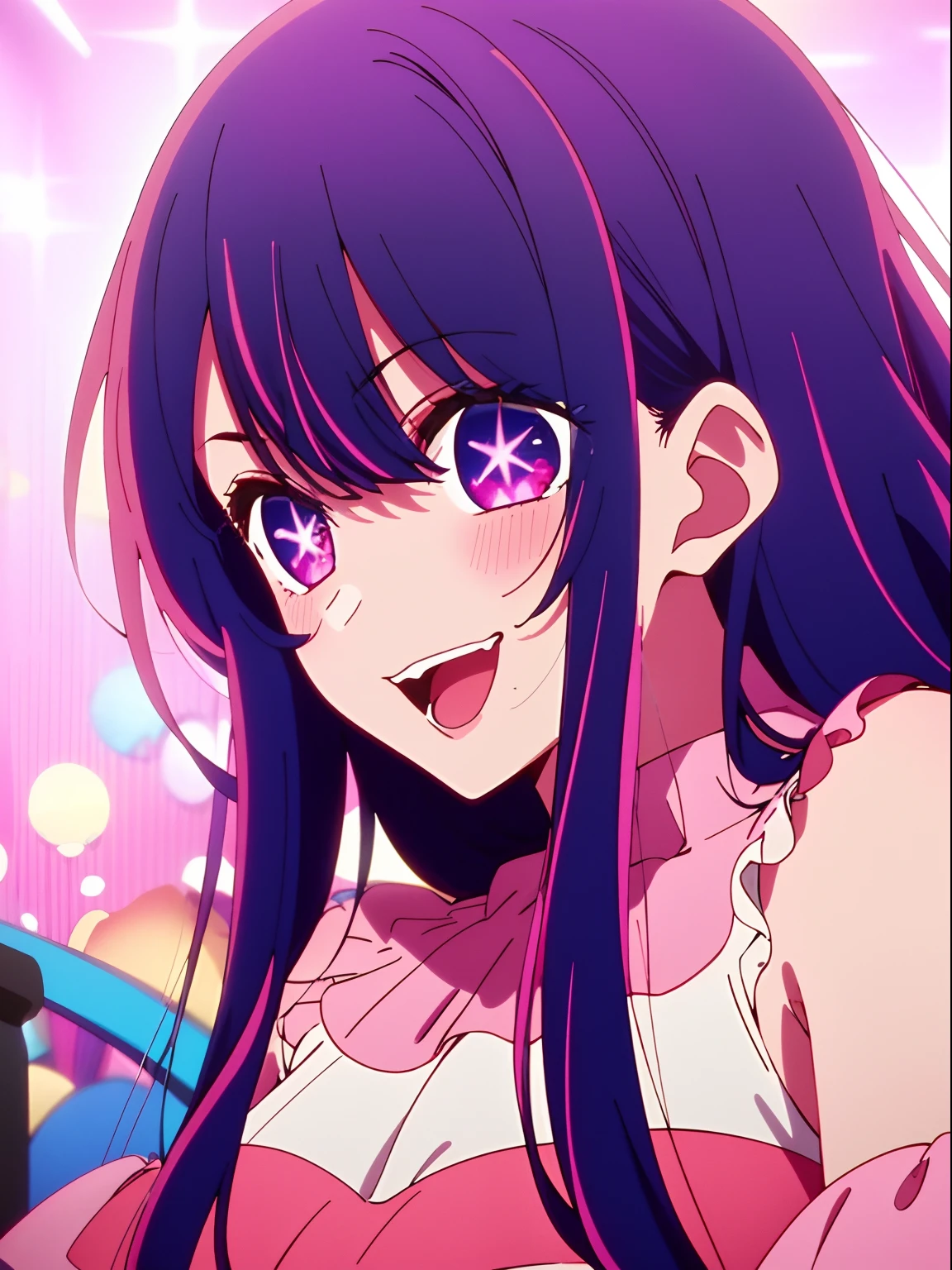 masterpiece、ighly detailed、top-quality、(1 girl in:1.2)、purple color hair、pink dress、big eye、a closeup、A smile、8K、Ai Hoshino、Live performance venue、Open your mouth、Live Backgrounds
