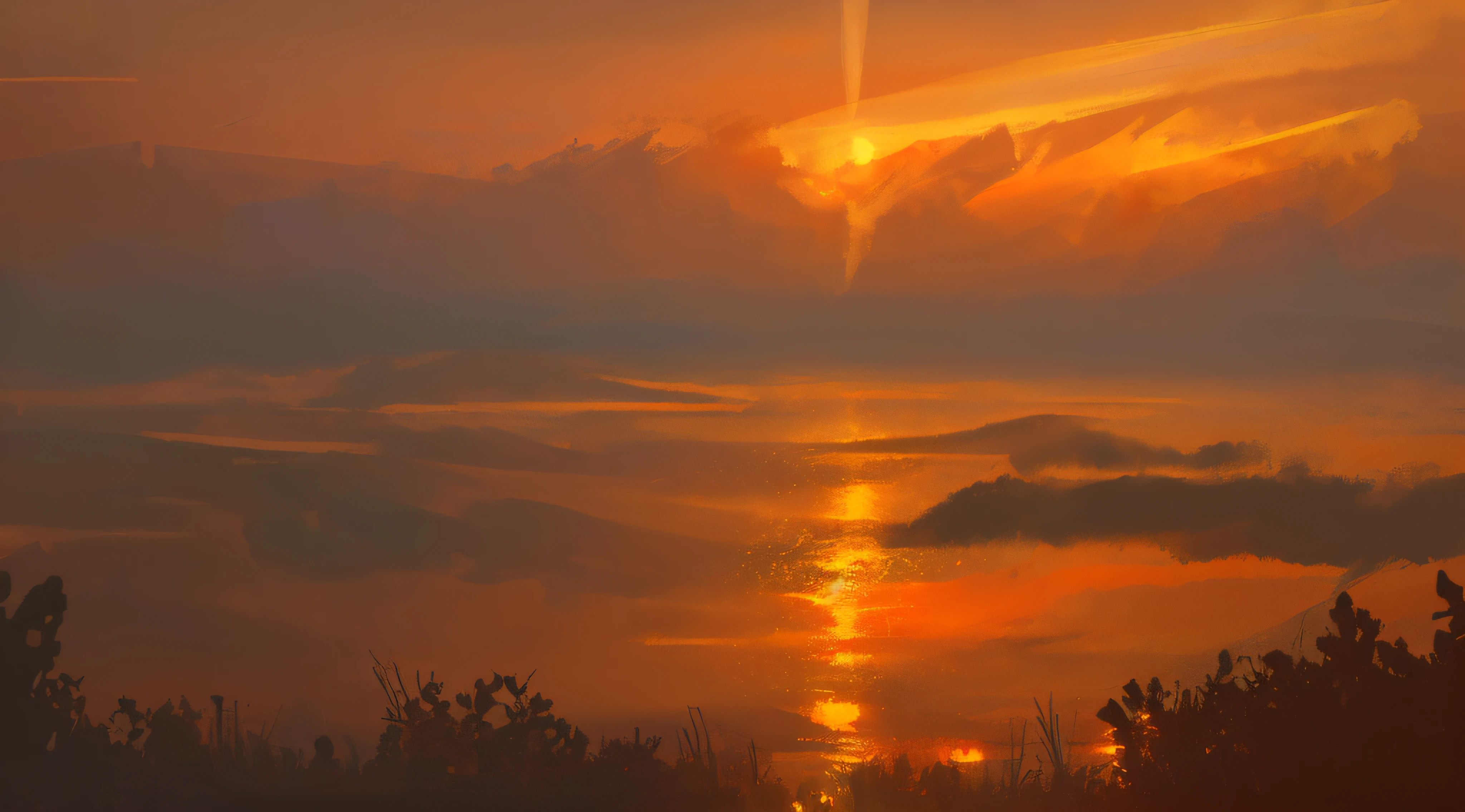 (Sunset scenery, orange light spots, yellow, orange, red tones: 1.2+ atmospheric casual smear style | Evening wind and drizzle, soft light spots, fog)