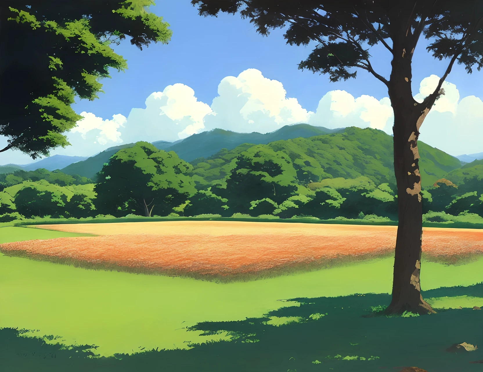 Realistic, authentic, beautiful and amazing landscape oil painting Studio Ghibli Hayao Miyazaki&#39;s school ceremonial field with flags --v6