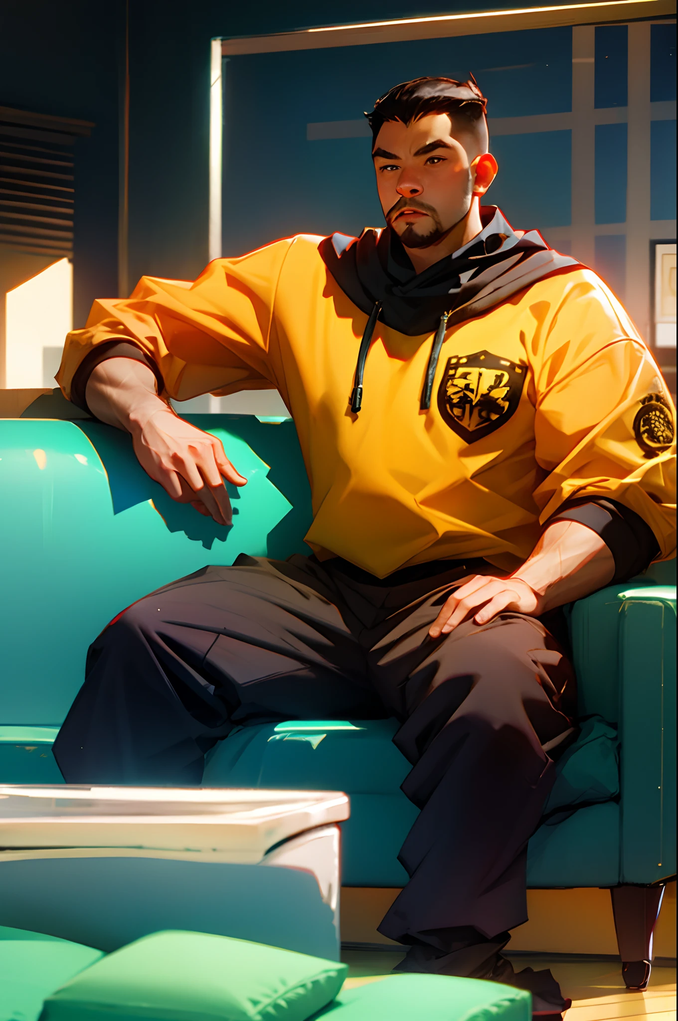 Fat Chubby,Strong,male people,sitting in the couch,photorealestic,uncle