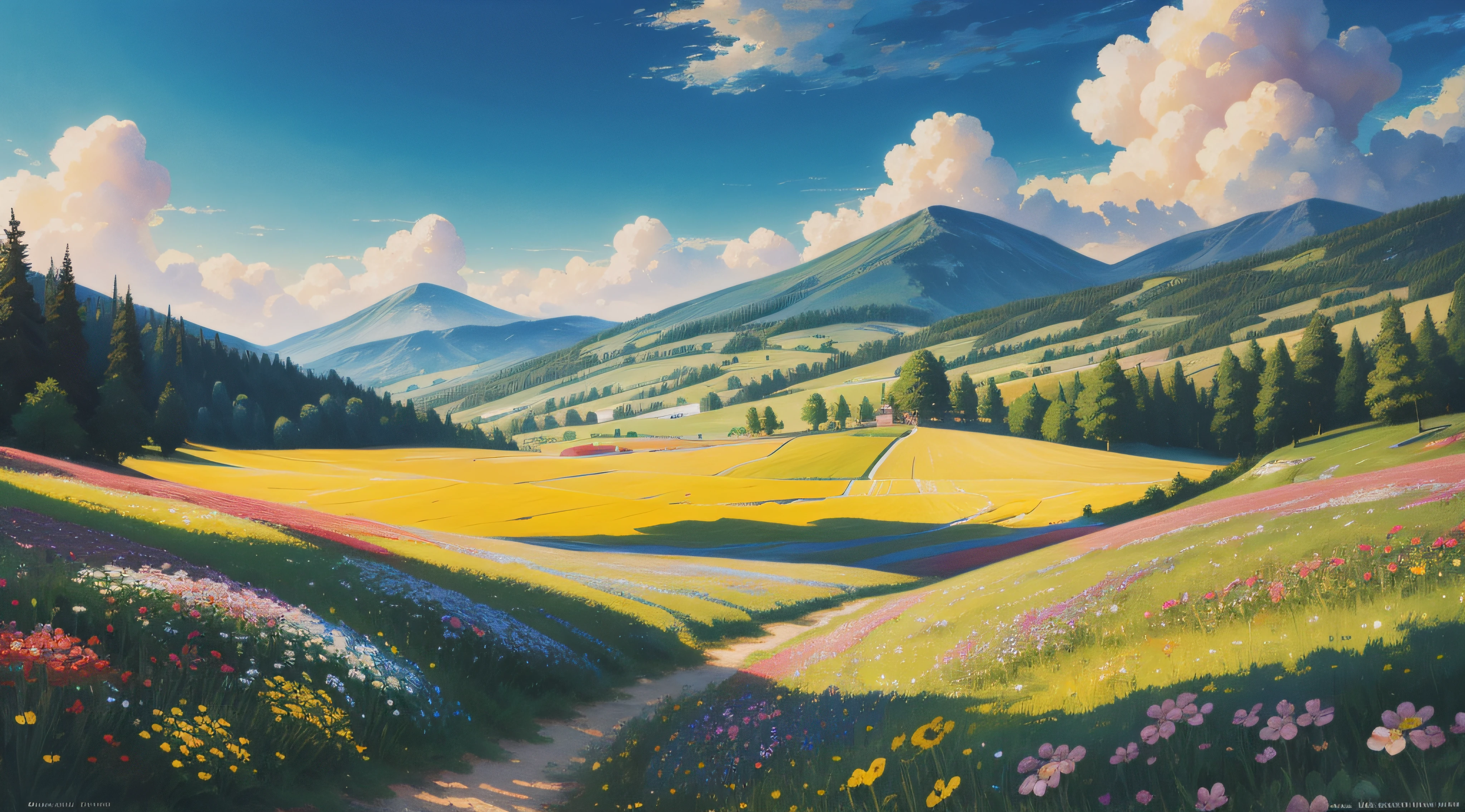 a flower Meadow, sunny day, summer, hyper detailed, ultra quality, hd quality, 32k resolution, photo realistic, ultra realistic, best quality, epic, wallpaper, a masterpiece, Thick Brush Strokes, Impasto Gouache, thick layers of gouache watercolors textured on Canvas, Maximalist, impressionist