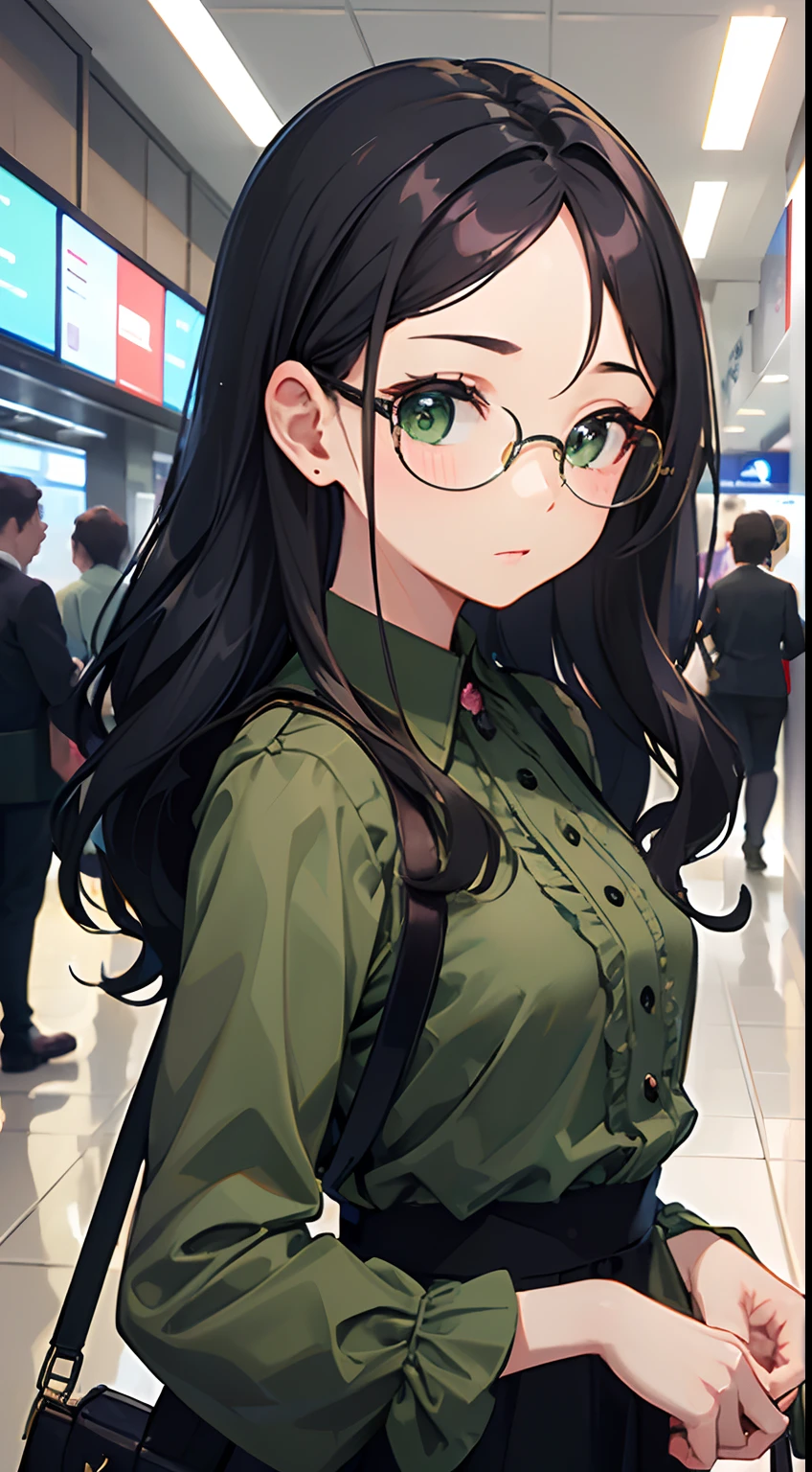 ((Best Quality)), (Ultra-detailed), ((Extremely detailed)), (Beautiful), ((Kawaii Girl)),Medium Hair,Forehead,Dark blue hair,(Wavy Hair),Green eyes,smock blouse,Mini skirt,Round Eyewear Black,regular breasts,Airport lobby,One Woman
