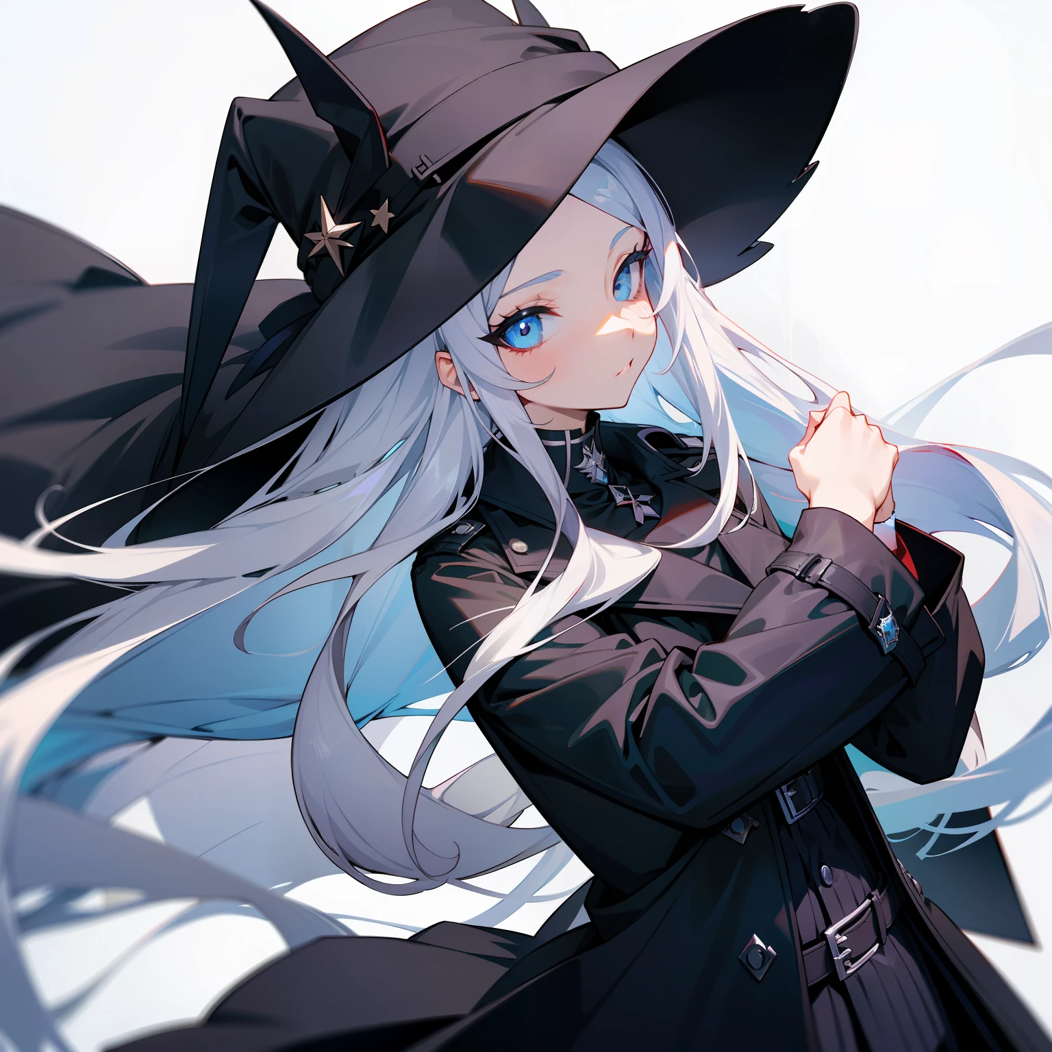 (tmasterpiece，best qualtiy)，1 long white hair，Blue-eyed pseudonym，a black trench coat