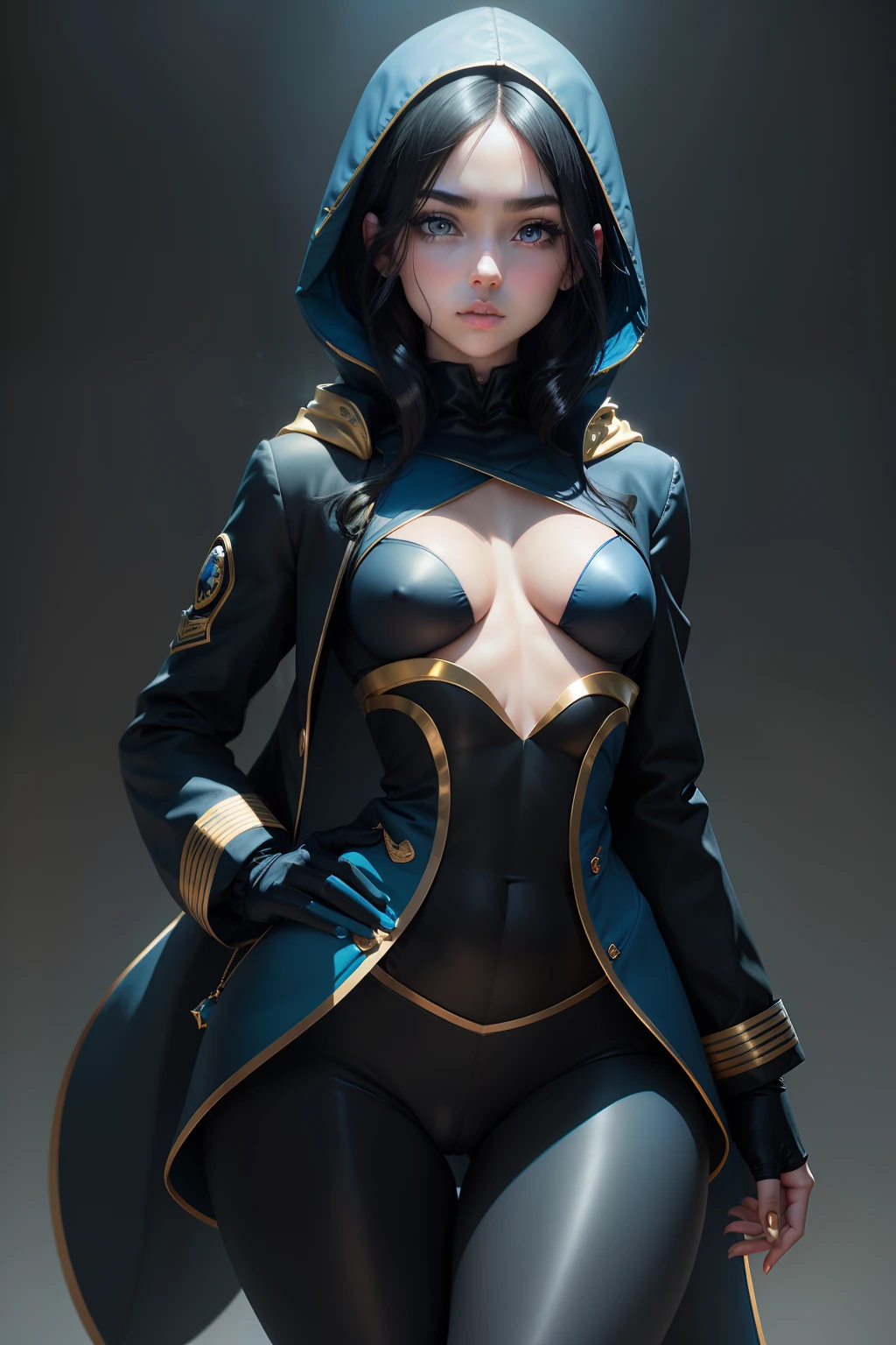 Masterpiece, realistic, high quality, best quality, beautiful, HD, perfect lighting, detailed face, beautiful face, detailed body, ((1girl)), ((solo)), ((black hair)), short hair, yellow eyes, serious, ((tight pants)), black pants, black long-sleeve shirt, (((((long blue coat))))), (gold details), (hood on), (((((small breasts))))), (((wide hips))), ((((thick thighs)))), thin eyebrows, thin waist, facing front, pretty face, fantasy background, thin eyebrows, black gloves, bright eyes, ((clean face)), ((safe for work)), hands on hips, symmetrical eyes,