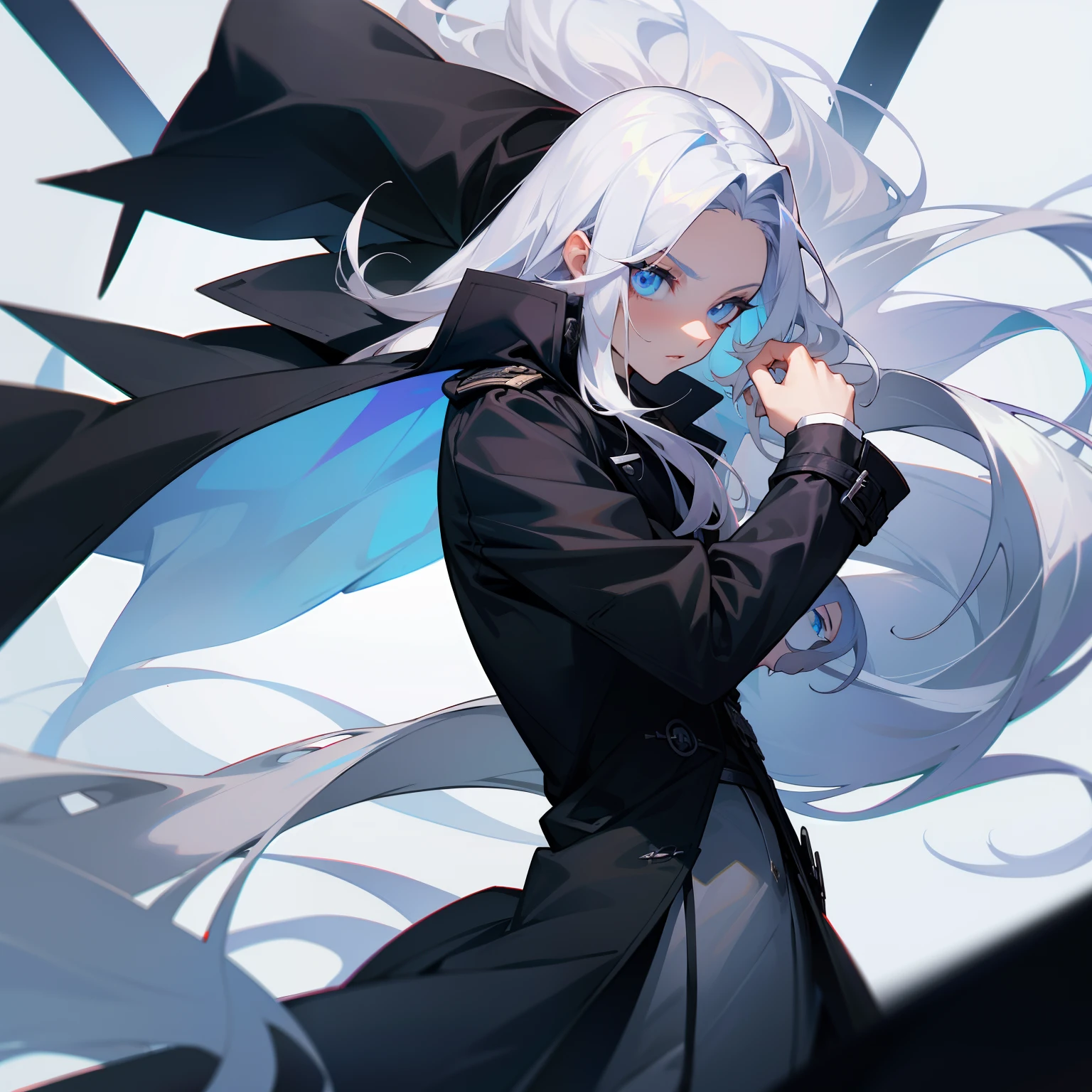 (tmasterpiece,best qualtiy),1 long white hair,Blue-eyed pseudonym,a black trench coat
