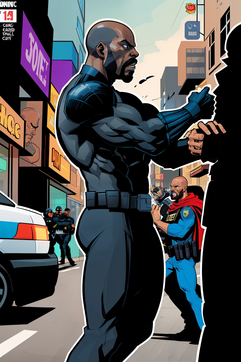 side view of a police officer, black man, wearing police suit, bald, facial hair, arresting someone, day time, street, angry expression, bald, comic book style, flat shaded, prominent comic book outline linework