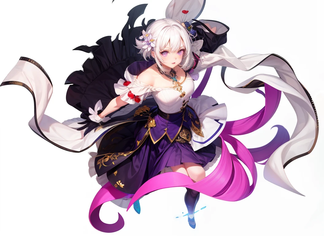 1girl, white hair, purple eyes, glowing eyes, cut top, skirt, parted lips, blush, night, flowers, sun, sun, sun,