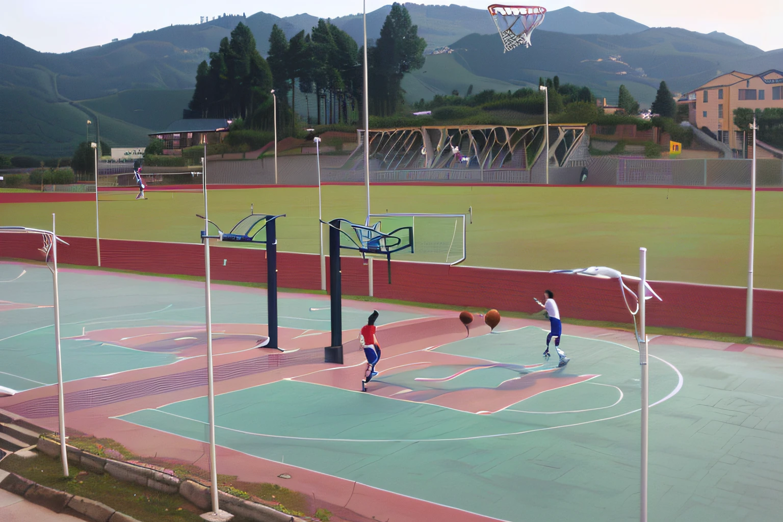 Two high school students playing basketball on a green court wearing school uniforms,The background is a mountain, basketball playground, sports setting, basketball, Playing basketball, air shot, Ball, flying shot, wide portrait, wide - shot, wide wide shot, breathtaking shot, stadium setting, wide wide shot, The moment the basketball scores,Sweat it out