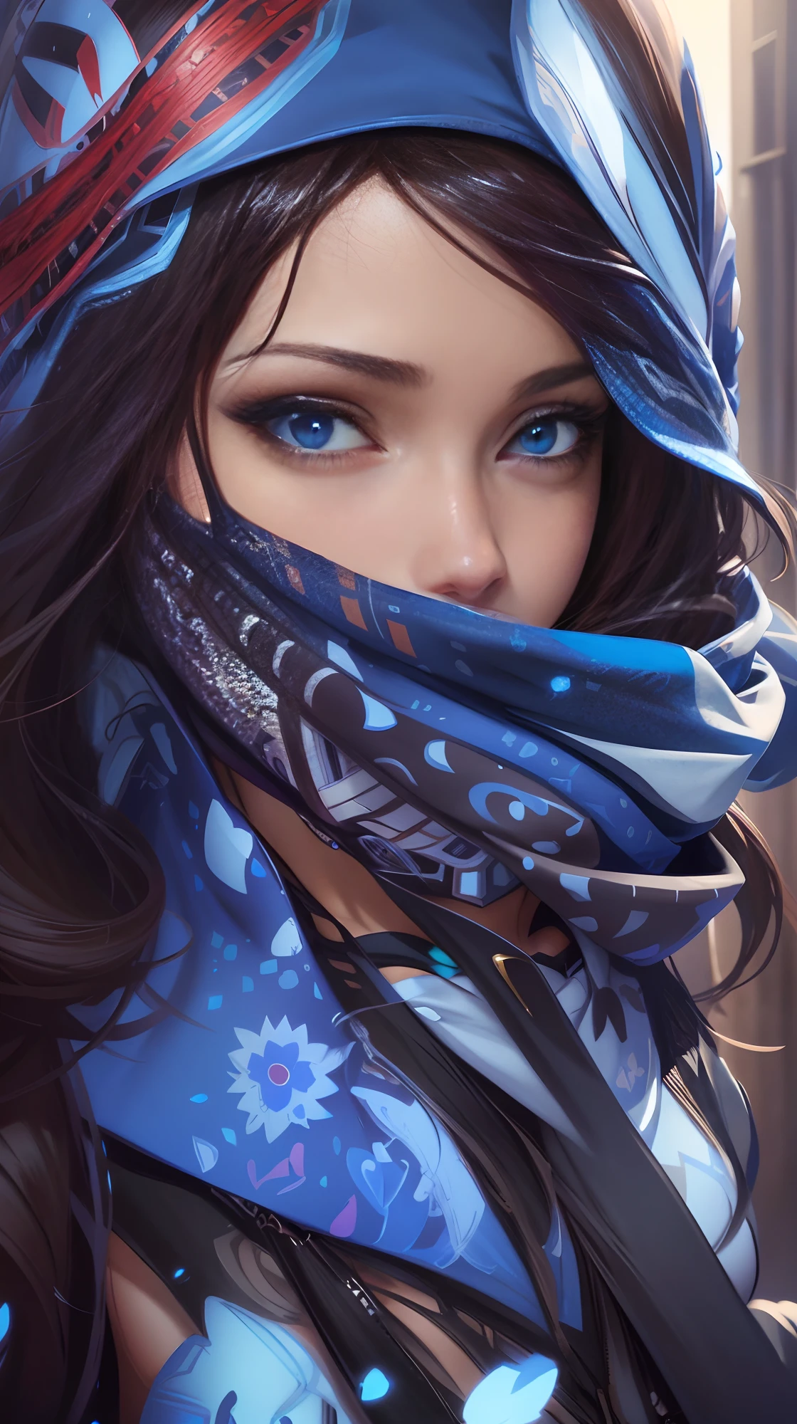 An Arad woman with blue eyes and a scarf covering her face, style of anime4 K, Art germ. High detail, Stunning anime face portrait, Beautiful digital artwork, artgerm detailed, Art germ. anime illustration, Beautiful anime face, Guviz-style artwork, Detailed digital anime art, a beautiful anime portrait, artgerm portrait