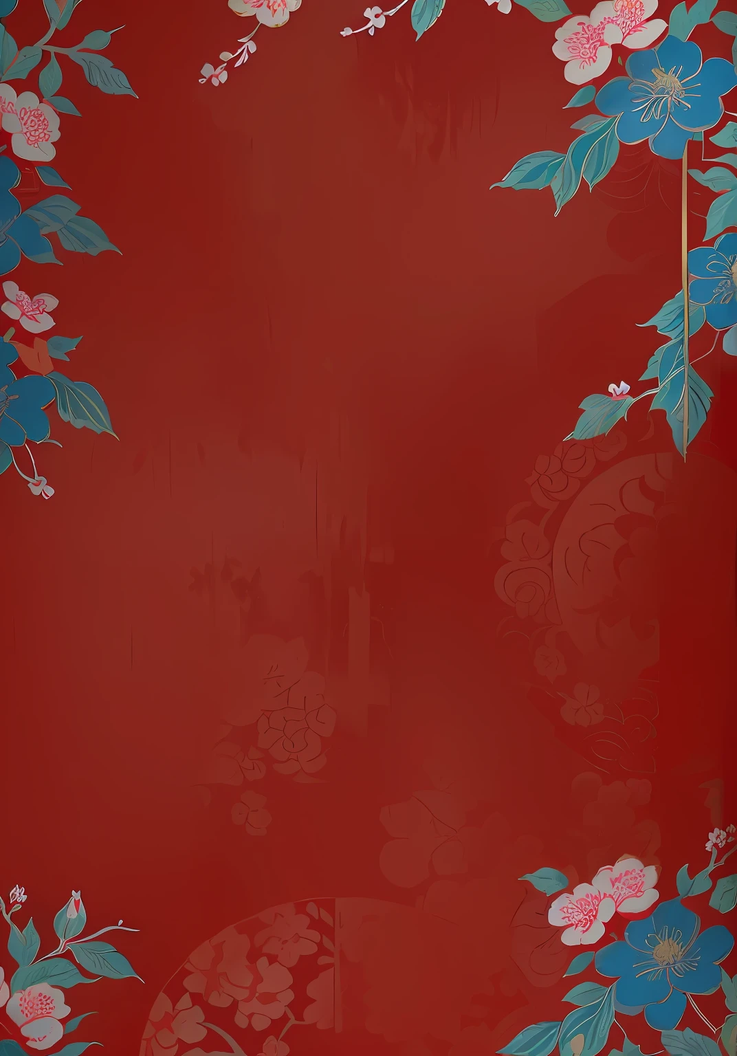 Red background with floral pattern and gold frame, red kimono with flower patterns, scarlet background, oriental wallpaper, chinoiserie pattern, inspired by Tawaraya Sōtatsu, wallpaper design, red wallpaper design, inspired by Kanō Motonobu, inspired by Yun Shouping, inspired by Itō Jakuchū