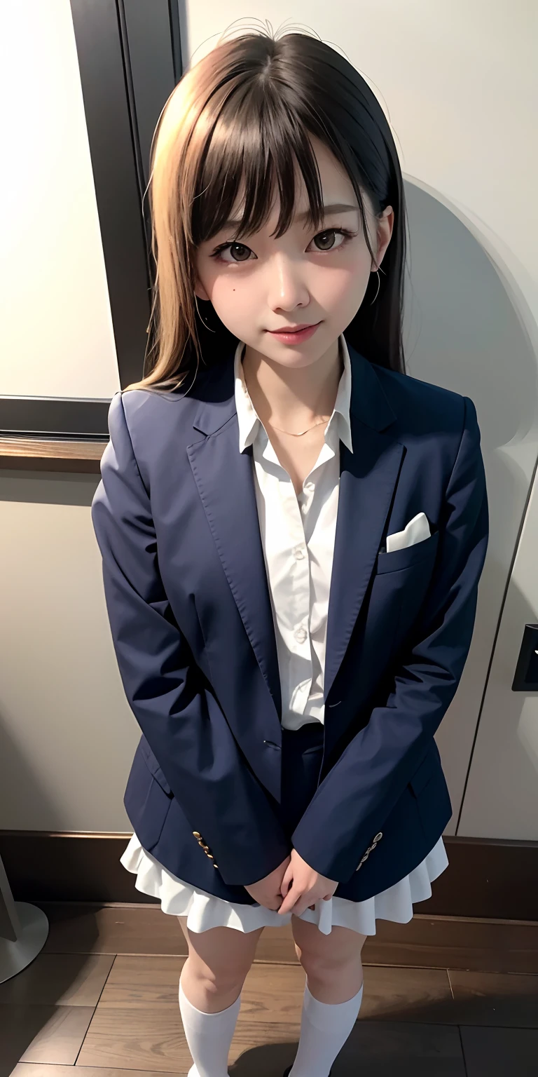 （（8k，RAW photos，top Quority，tmasterpiece），HD RAW color photo professional close-up Photograph，（realisticlying，realisticlying：1.37），（HighestQuali），（best shadow），（Most Best Illustration），鎖骨（（The large）），（（，Raised sexy，超高分辨率，High-definition CG unity 8K wallpapers，physically-based renderingt，cinmatic lighting），（aegyo sal：1），18 years old girls，（grey blazer，ribbons，sockes，High School Uniforms：1.2），high school classroom， beatiful detailed eyes，Light on the face，（（full body shot shot：1.2）），Particularly bright light，Exceptionally high