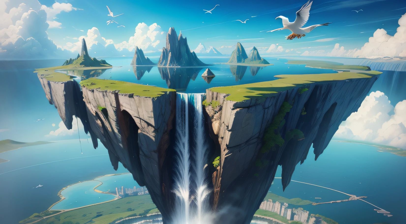 Sky, levitation, island, waterfall, bird