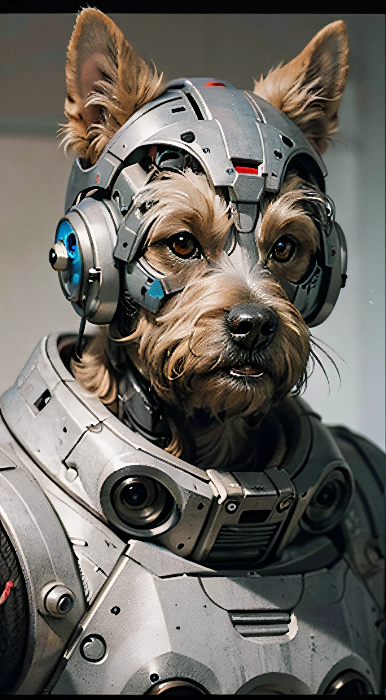 Yorkshire terrier (cyborg) dog as doomsday killer, realistic sci-fi cyberpunk power armor robot, closeup portrait