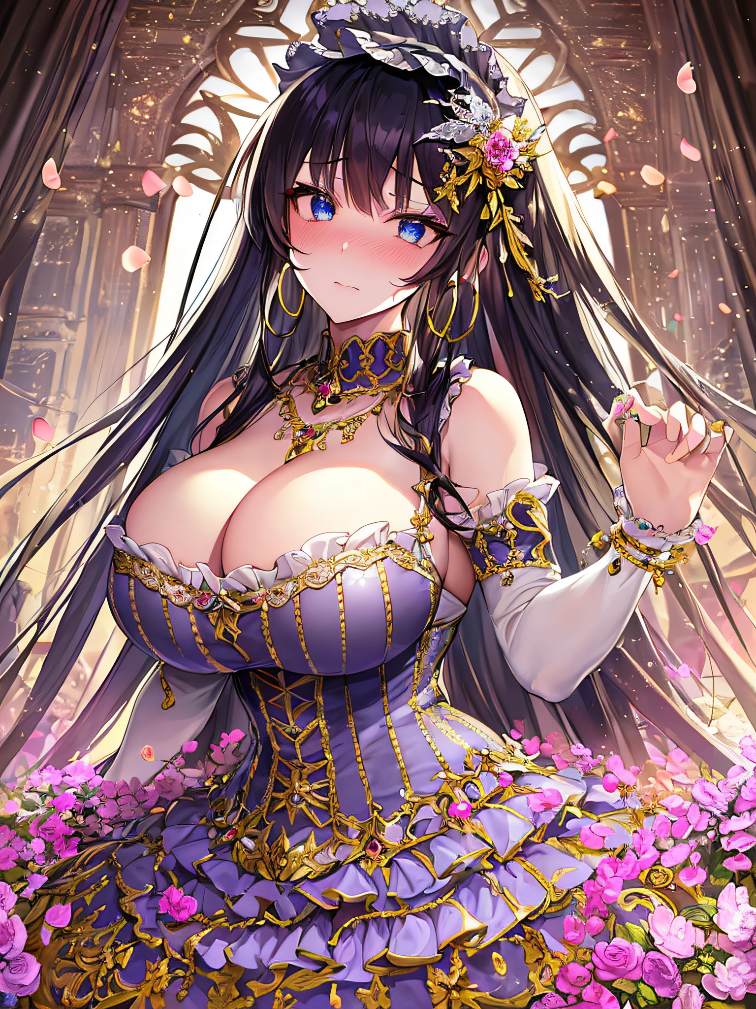 ((anime artstyle)),(Masterpiece),(Best Quality), (Super Detail),((Very Delicate and Beautiful)),(((Solo))),((full body)),(((1 bling-bling princess in beautiful embroidery and jeweled gorgeous lolita dress with voluminous full length hoop skirt))),((standing in garden)),Long train,(bling-bling gorgeous gemstone jewelry),detailed face and eyes,jewel-like eyes,cry,((embarrassed)),anguish,((large amount of straight hair,extremely voluminous Very Long Straight Hair)),((gigantic tits,Long tits)),cleavage,(gorgeousfull embroidery and lace),gorgeous corsage,See-through,(extremely gorgeousfull lolita hair ornament)),bling-bling extremely gorgeousfull jeweled tiara,ornate ruffles,(hoop skirt,crinoline),flowers, flower petals flowing,((Dynamic Angle)),Looking at viewer,((full body)),((beautiful embroidery and jeweled extremely gorgeous  lolita dress with voluminous full length hoop skirt))