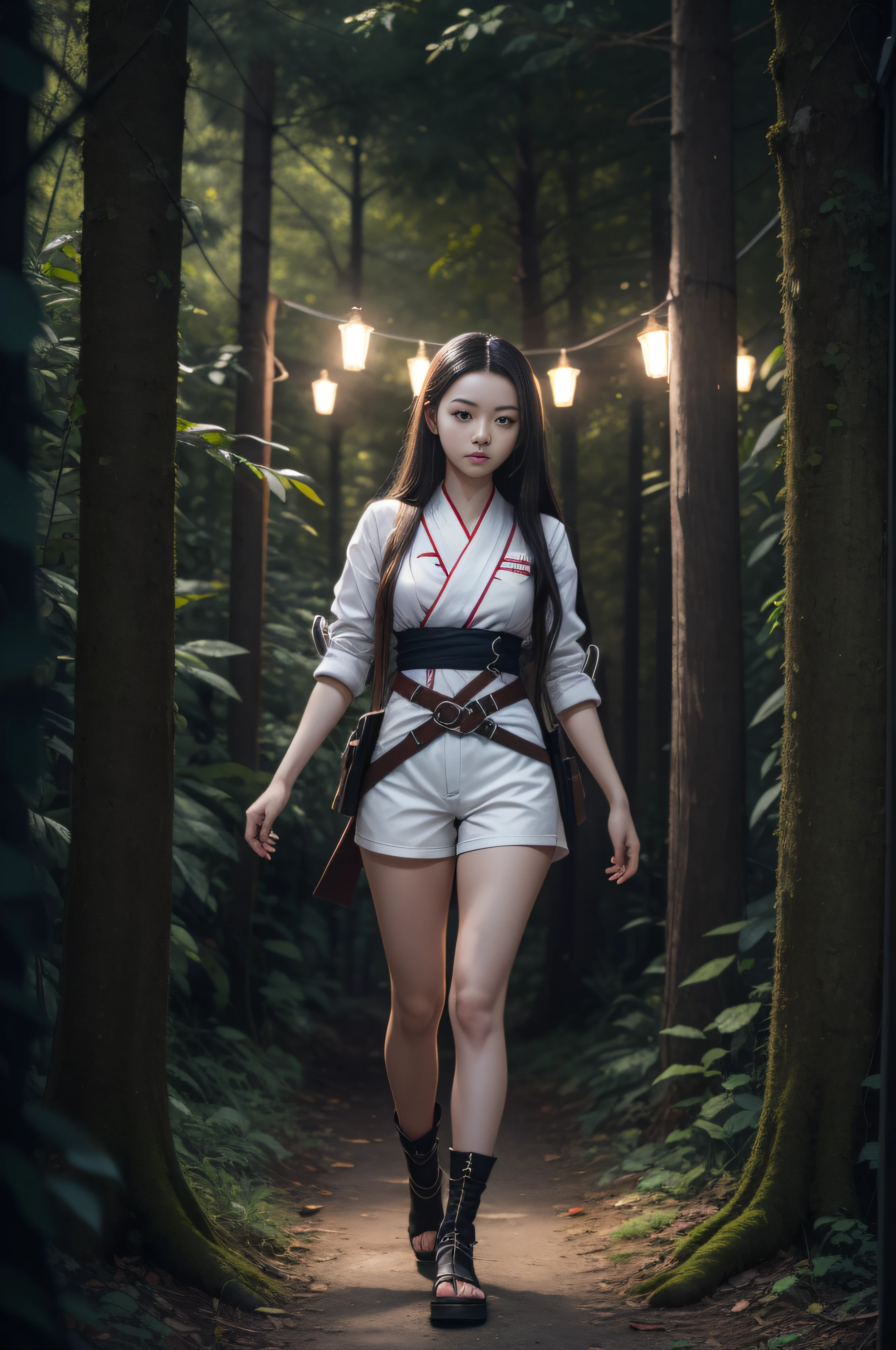 /full-length ,Nezuko Kamado, Tanjiro Kamado, anime, illustration, 2D, beautiful, a beutiful girl in a costume of the game "Demon Slayer", photography, forest, full body, light from front, low angle, white shorts, intricate details, highly detailed, insanely detailed, 8K, hd, lighting from front, dark gray background, sharp focus,
